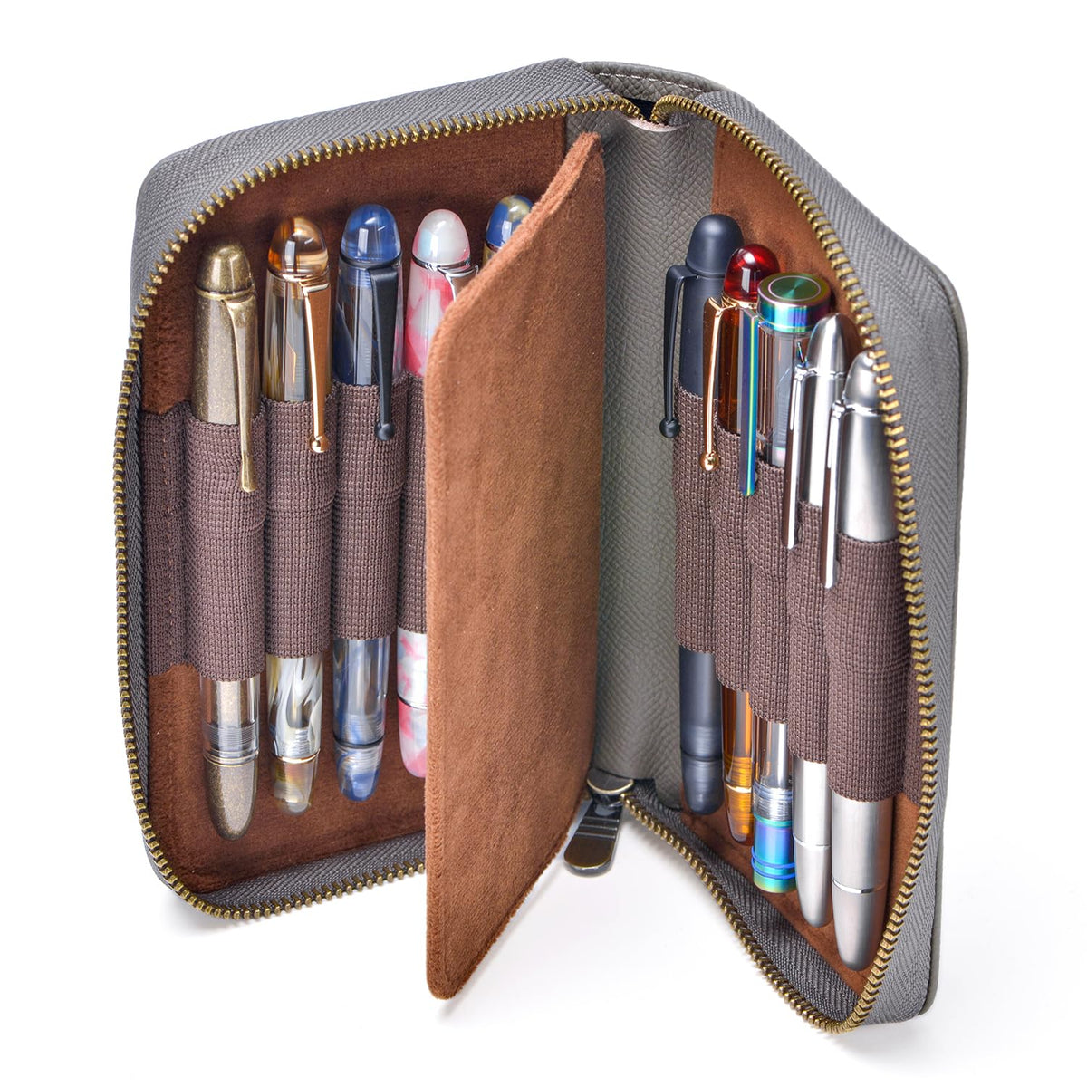 Asvine Fountain Pen Case Genuine Leather Pen Case 10 Divided Slots Gray, Rollerball Pen Holder