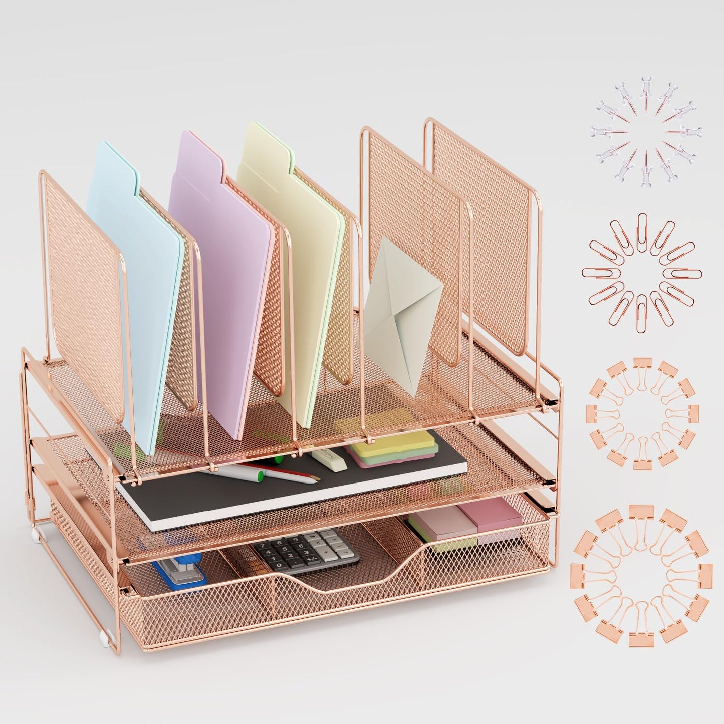 LEKETREE Rose Gold Desk Organizer, Office Organization with Vertical File Holder, File Organizer