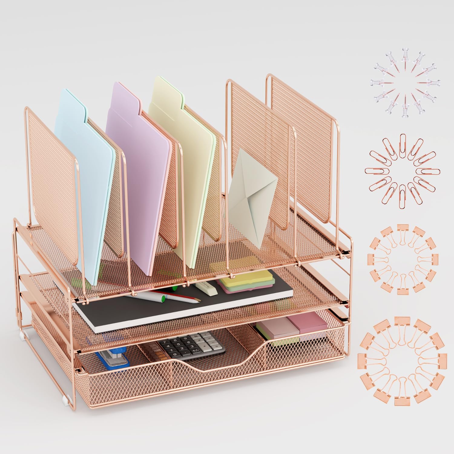 LEKETREE Rose Gold Desk Organizer, Office Organization with Vertical File Holder, File Organizer
