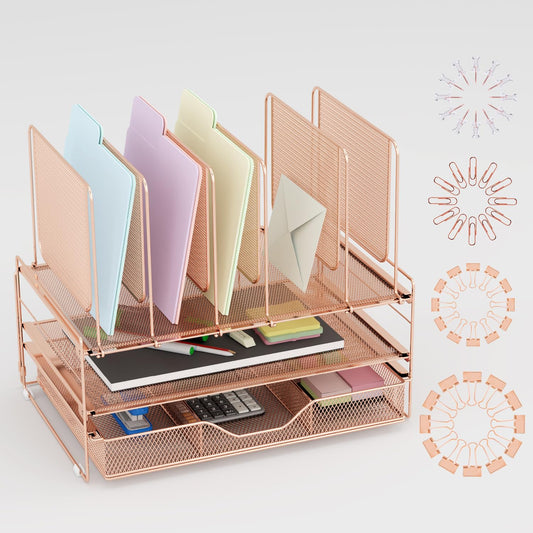 LEKETREE Rose Gold Desk Organizer, Office Organization with Vertical File Holder, File Organizer