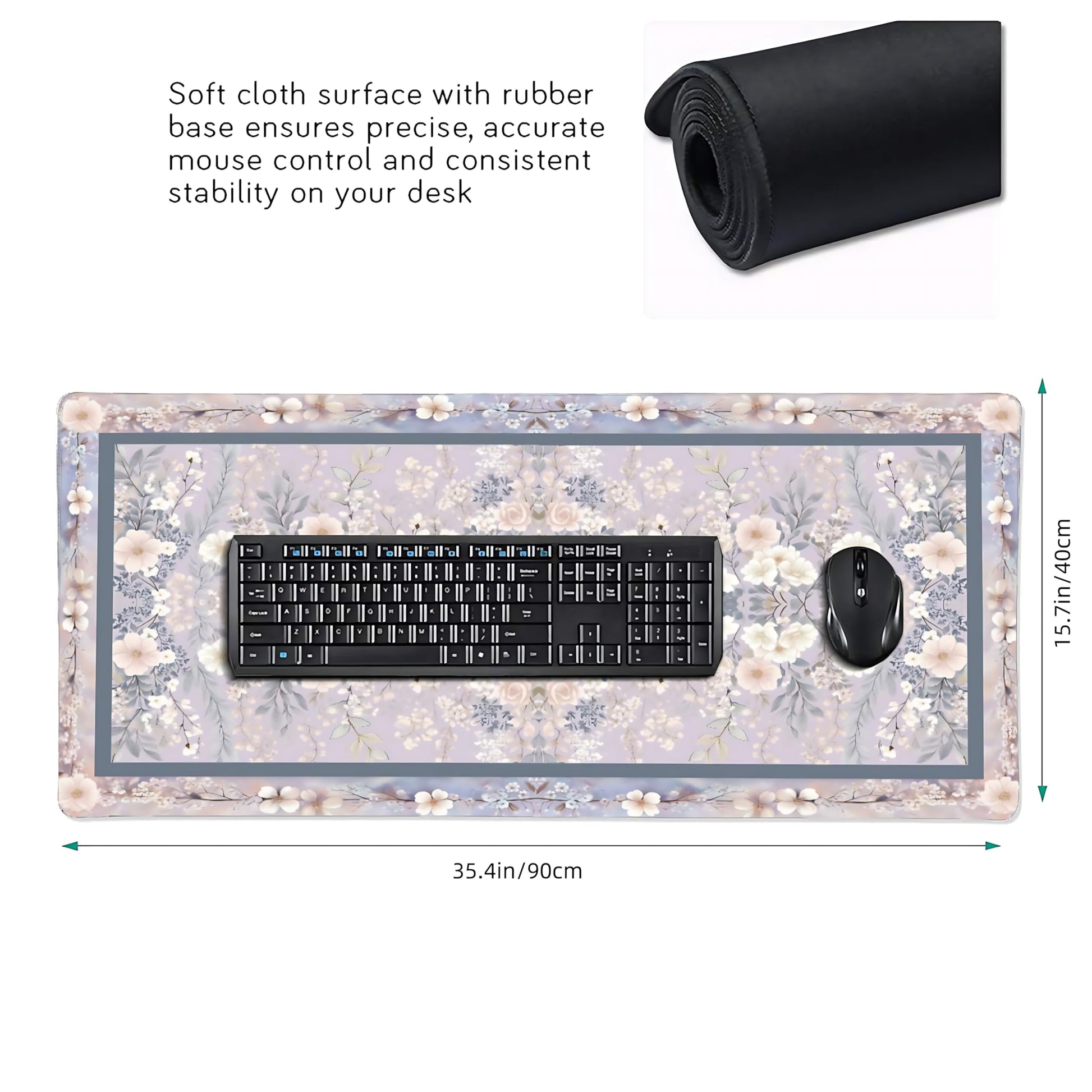 Floral Aesthetic Rose Gaming Mouse Pad, Purple Rug Desk Mat with Anti-Slip Base & Stitched Edges