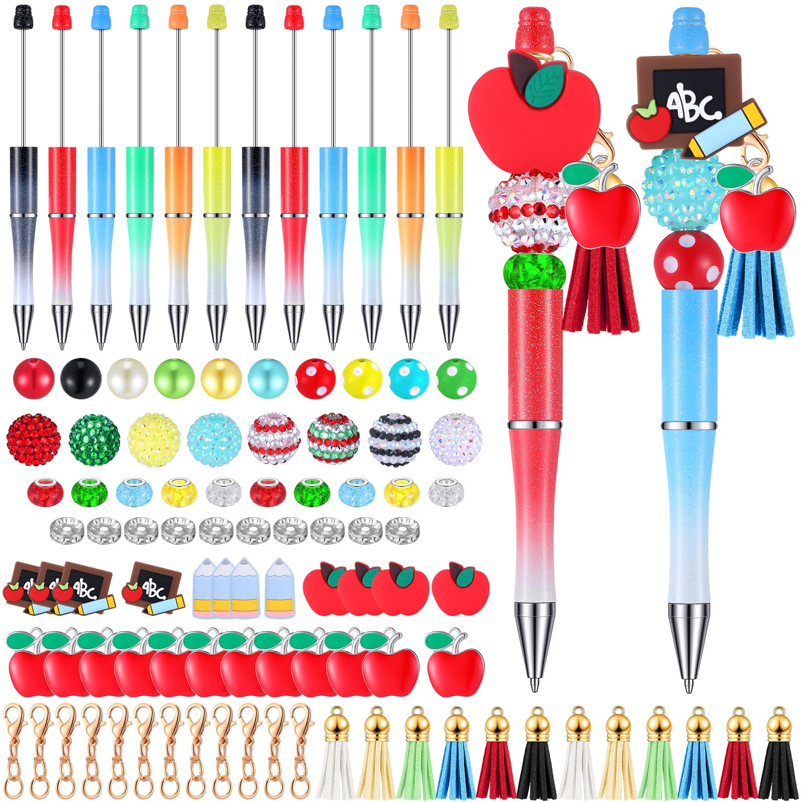 Jutom 12 Pcs Teacher Beadable Pens with 50 Colorful Beads 12 Tassels 12 Pendants Silicone Focal