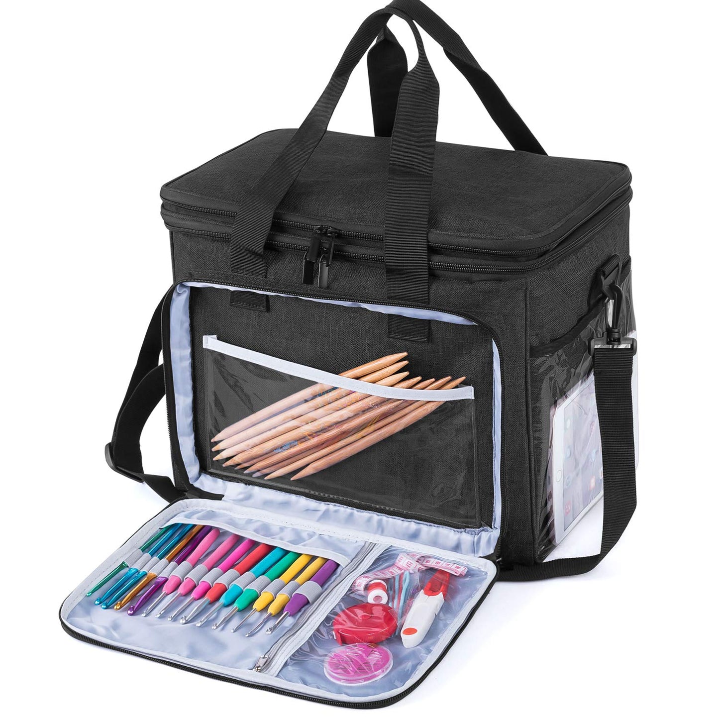Teamoy Crochet Bag, Knitting Bag Yarn Storage Tote, Yarn Organizer, Black