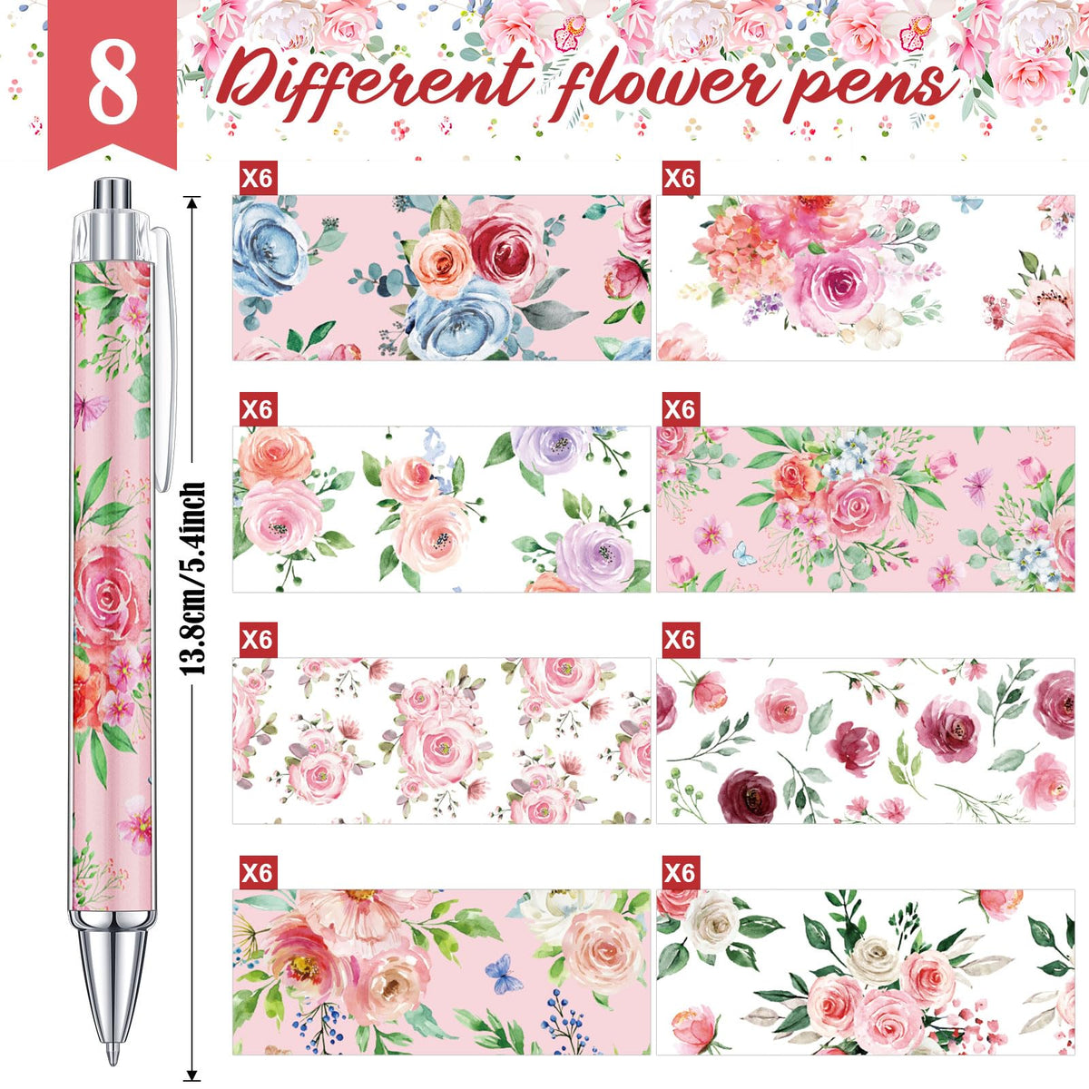 Cholemy 48 Pcs Flower Pens Bulk Spring Floral Ballpoint Pens