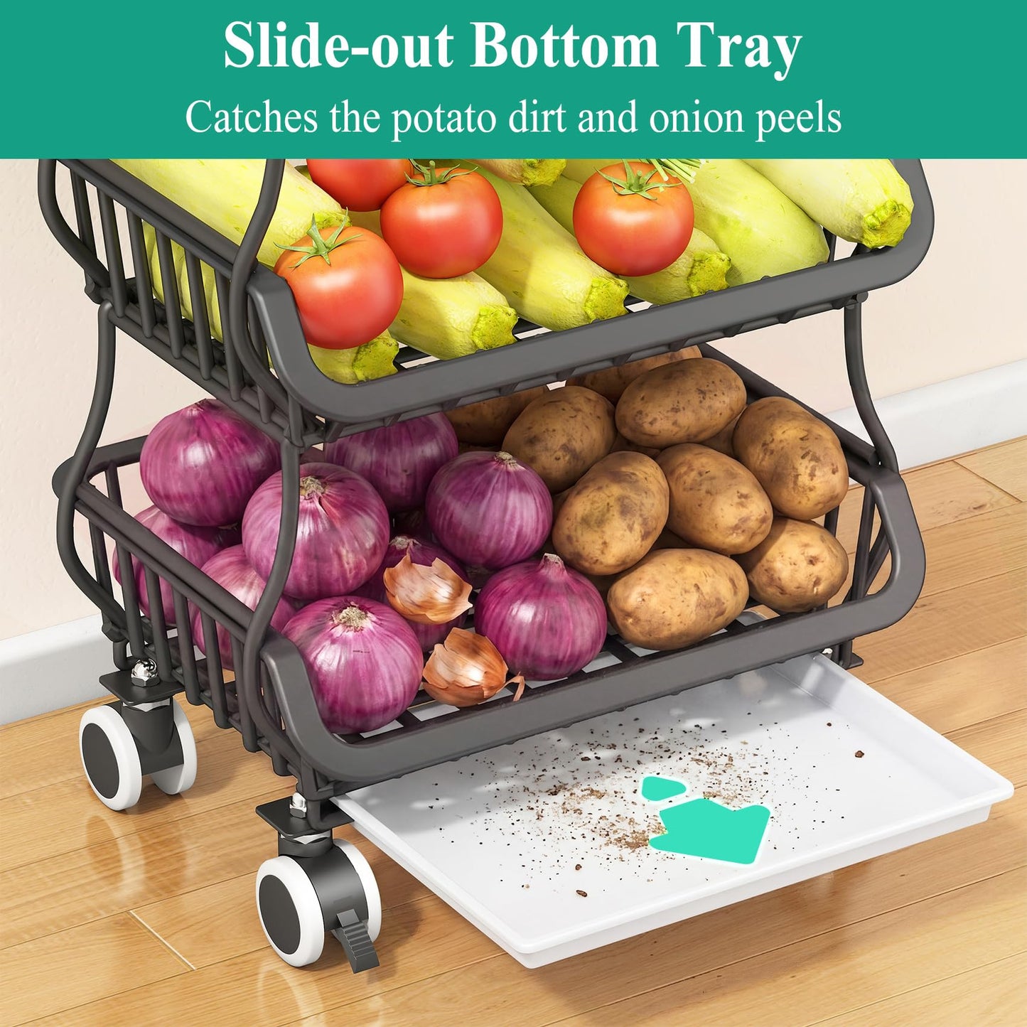 SAYZH 4-Tier Fruit and Vegetable Basket Stand for Kitchen, Wood Top, Black