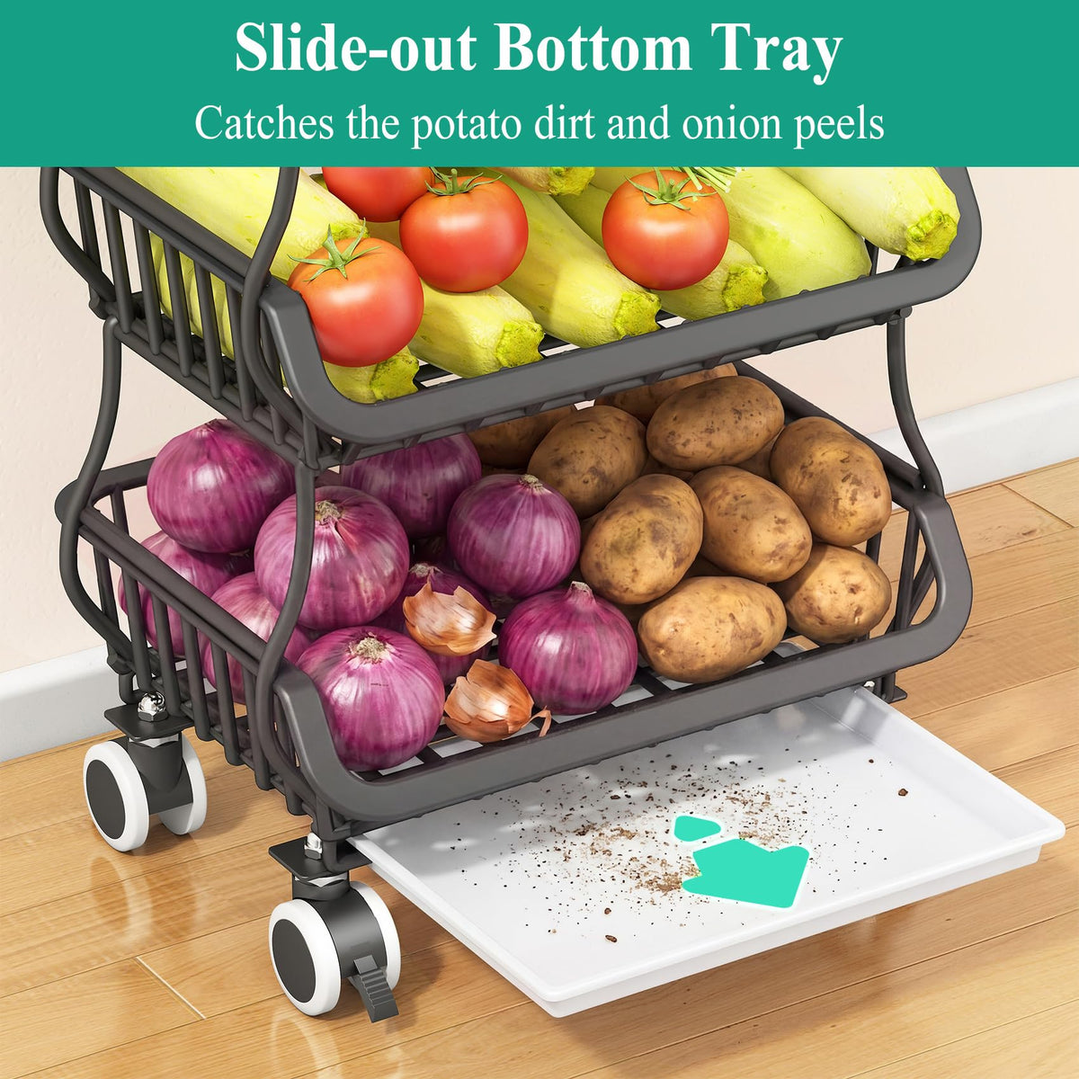 SAYZH 4-Tier Fruit and Vegetable Basket Stand for Kitchen, Wood Top, Black