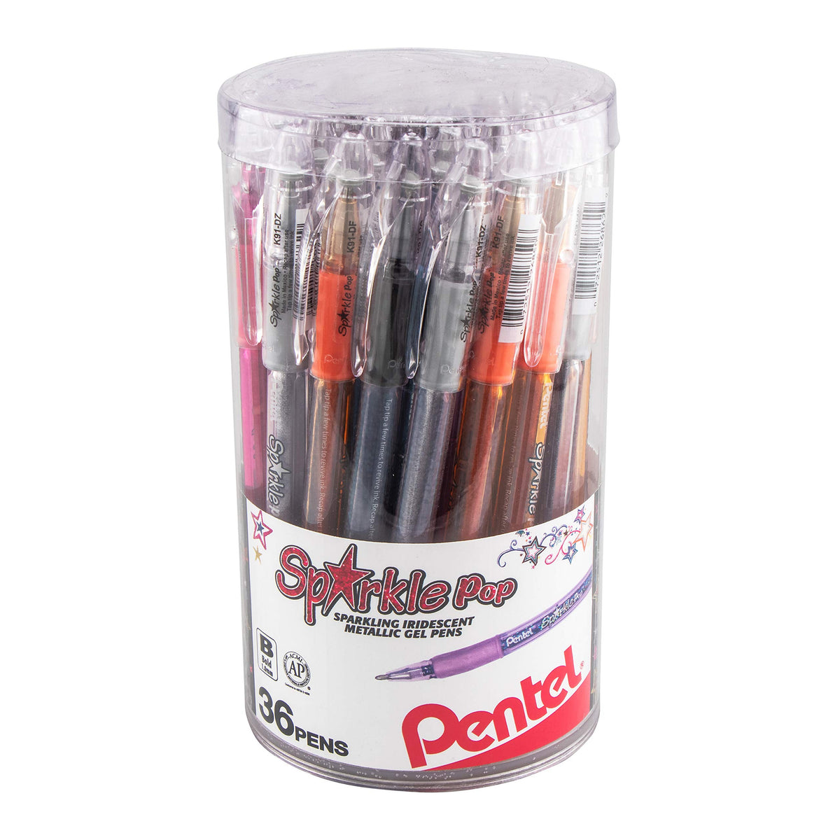 Pentel Sparkle Pop Iridescent Gel Pens, (1.0mm) Bold Lines, Assorted Ink (A/C/D/F/P/V/x/Z) 36-PK