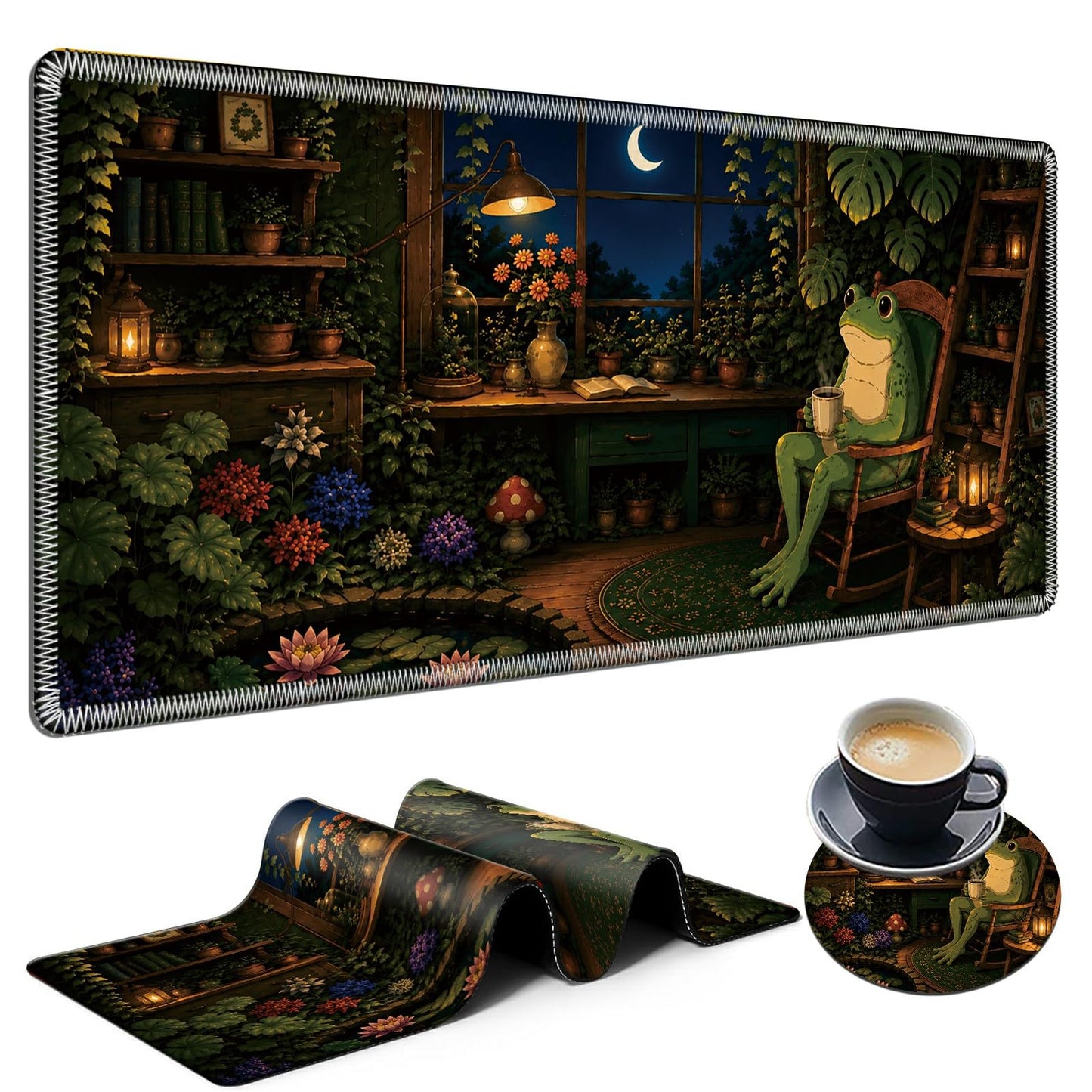 Moonlit Garden Frog Large Mouse Pad, 31.5 x 11.8 in Extended Desk Mat