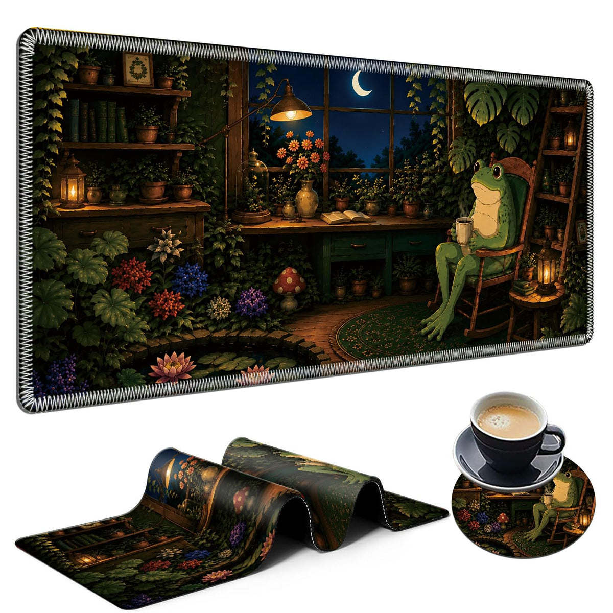 Moonlit Garden Frog Large Mouse Pad, 31.5 x 11.8 in Extended Desk Mat