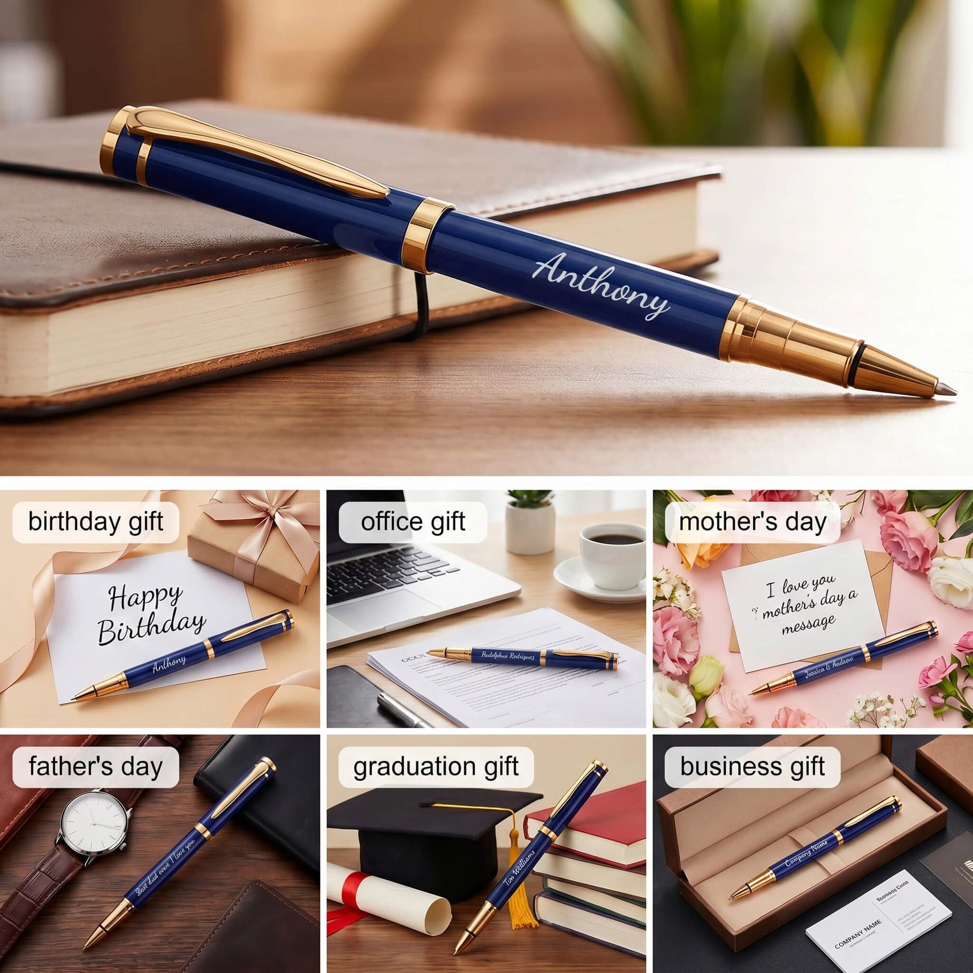 Ancolo Blue Ballpoint Pens - Modern, Classy, and Functional - Engraved with Your Message - Perfect