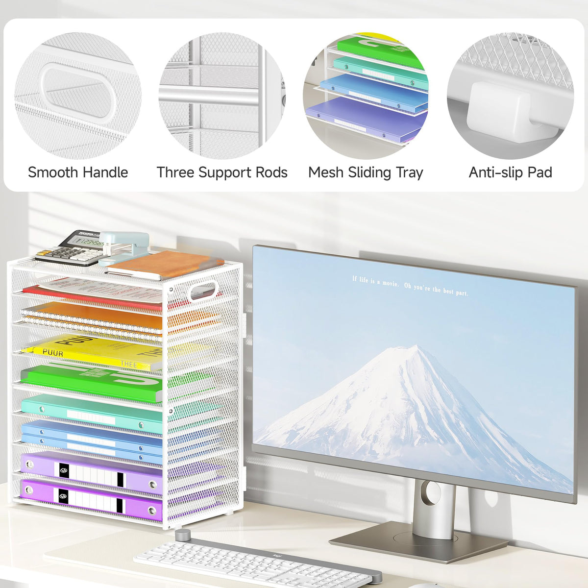 Cawukege 9 Tier Paper Organizer with Handle, White Large Capacity Desk Organizer Mesh File Folder
