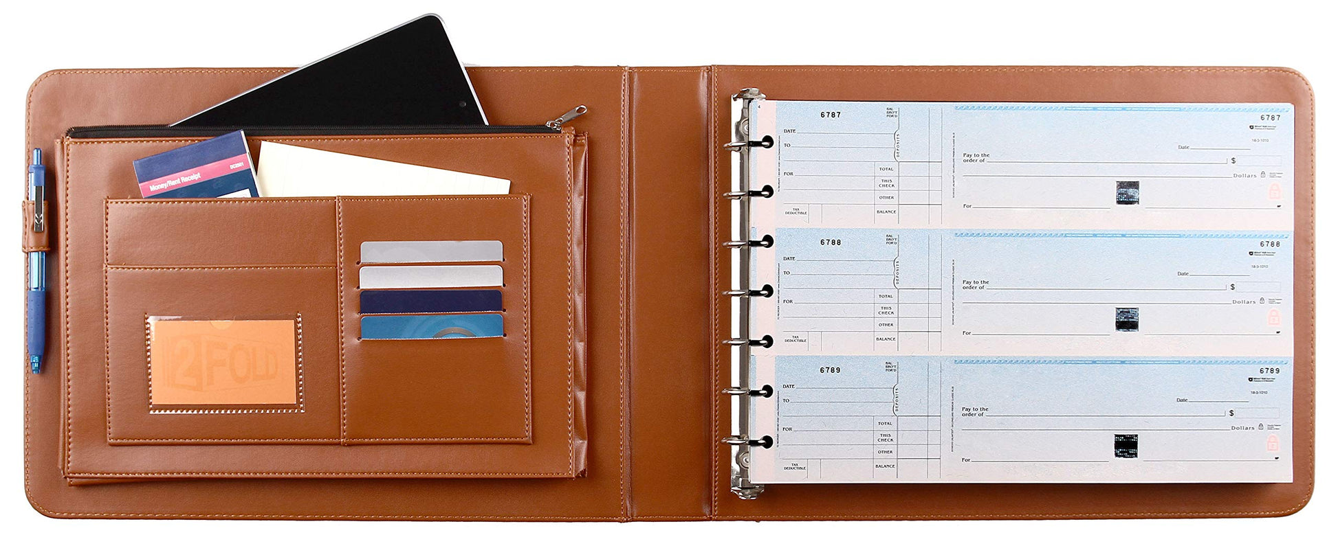 2Fold Business Check Binder 7 Ring for 3-Up Business Size Checks with Extra Business Card Case - PU