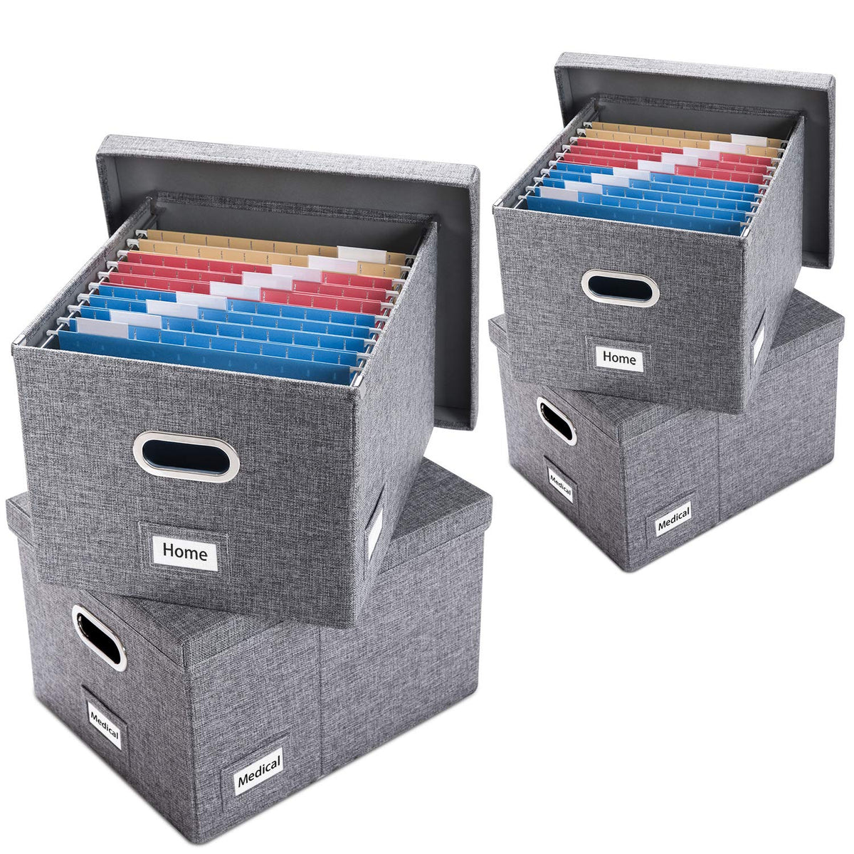 PRANDOM File Organizer Box - Set of 4 Collapsible Decorative Linen Filing Storage Hanging File