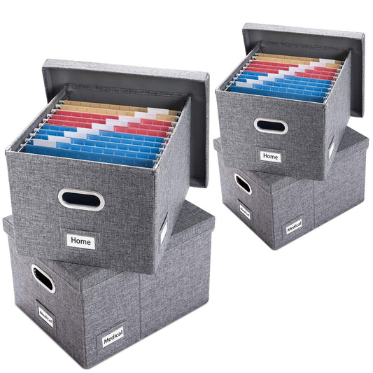 PRANDOM File Organizer Box - Set of 4 Collapsible Decorative Linen Filing Storage Hanging File