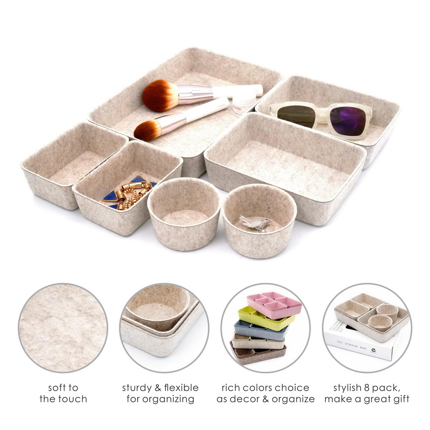 Welaxy 7pc Scandinavian Felt Desk Drawer Organizer Oatmeal Catchall Tray