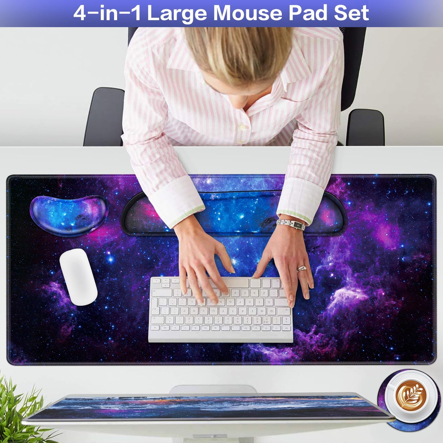 Mouse Pad Galaxy with Wrist Rest, 4-in-1 Large Mousepad Keyboard