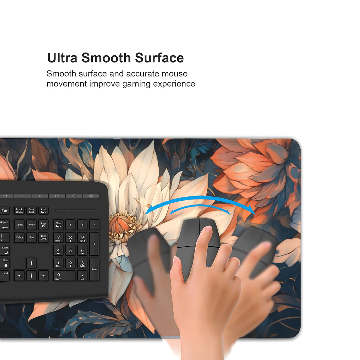 Floral Aesthetic Lotus Gaming Mouse Pad, Blue Pink Japanese Desk Mat with Anti-Slip Base & Stitched