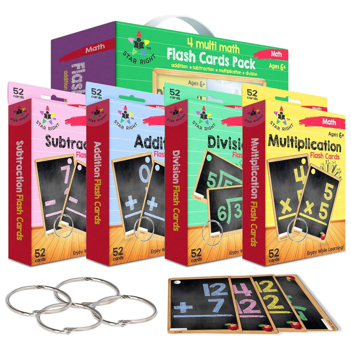 Star Right Math Flash Cards Set of 4 - Addition, Subtraction, Multiplication, Division with 4 Rings