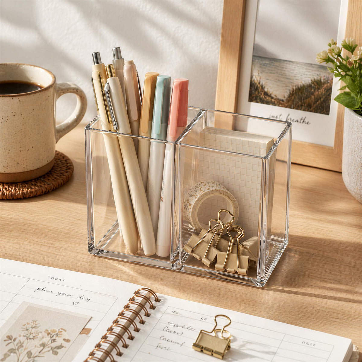 Gejoy 3 Pcs Acrylic Pencil Pen Holder for Desk, Clear 2 Compartment
