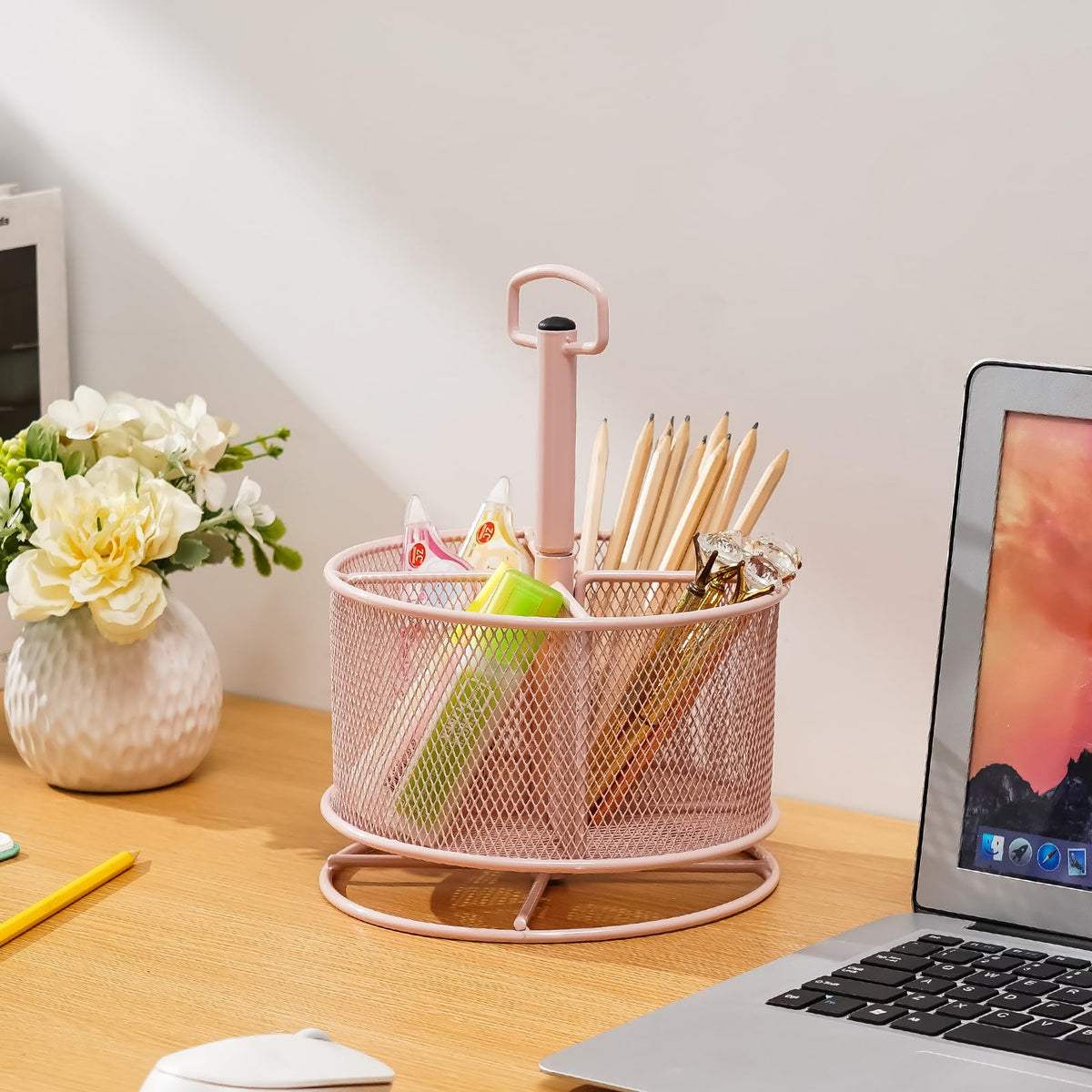 Marbrasse Mesh Desk Organizer, 360-Degree Rotating Multi-Functional Pen Holder, 4 Compartments
