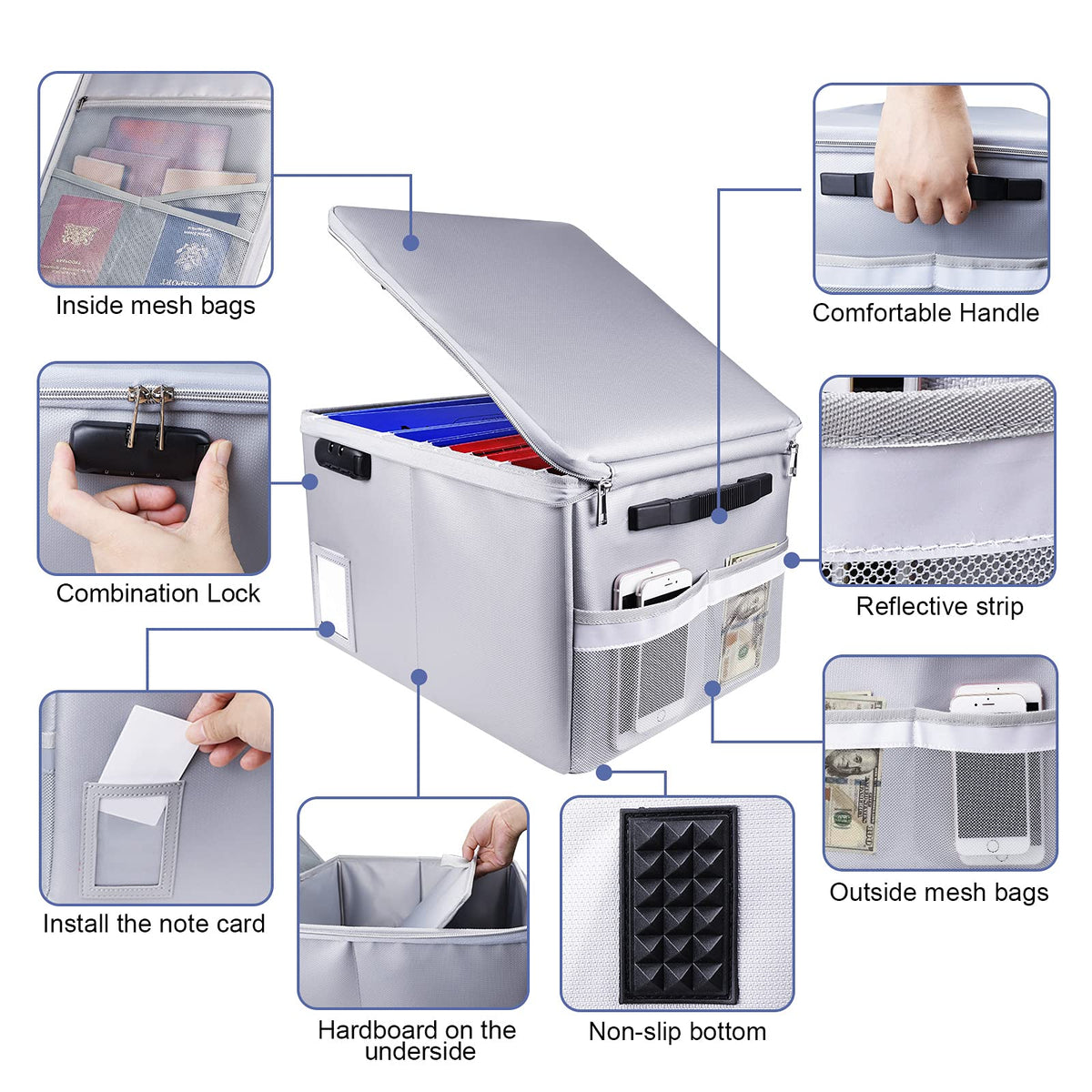 Fireproof Document Box, Fireproof Organizer Safe Box with Lock, Portable Office Storage Cabinet for