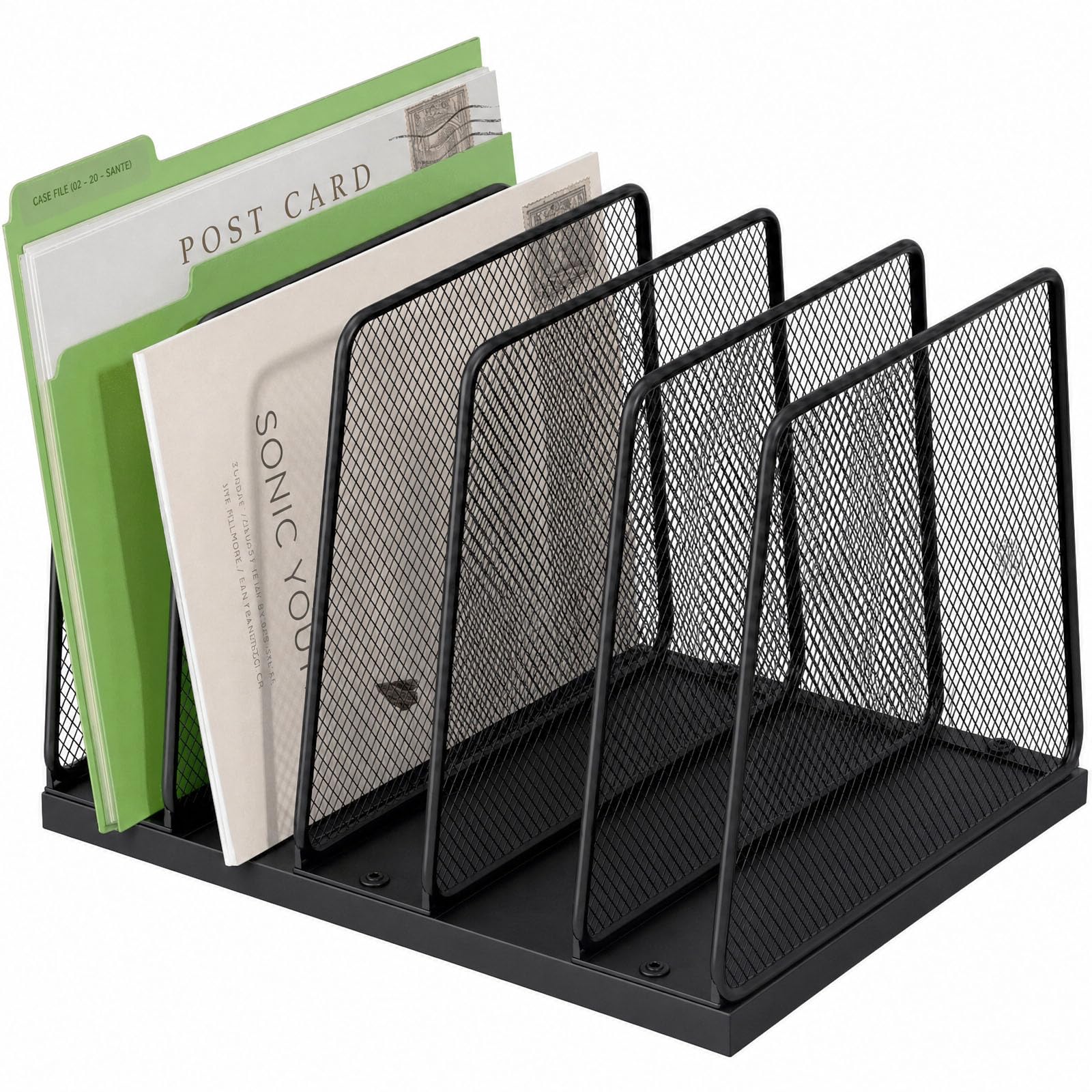 Becomrock 5-Section Vertical File Organizer for Desk, Sturdy Wood Base & Metal Mesh Desktop File