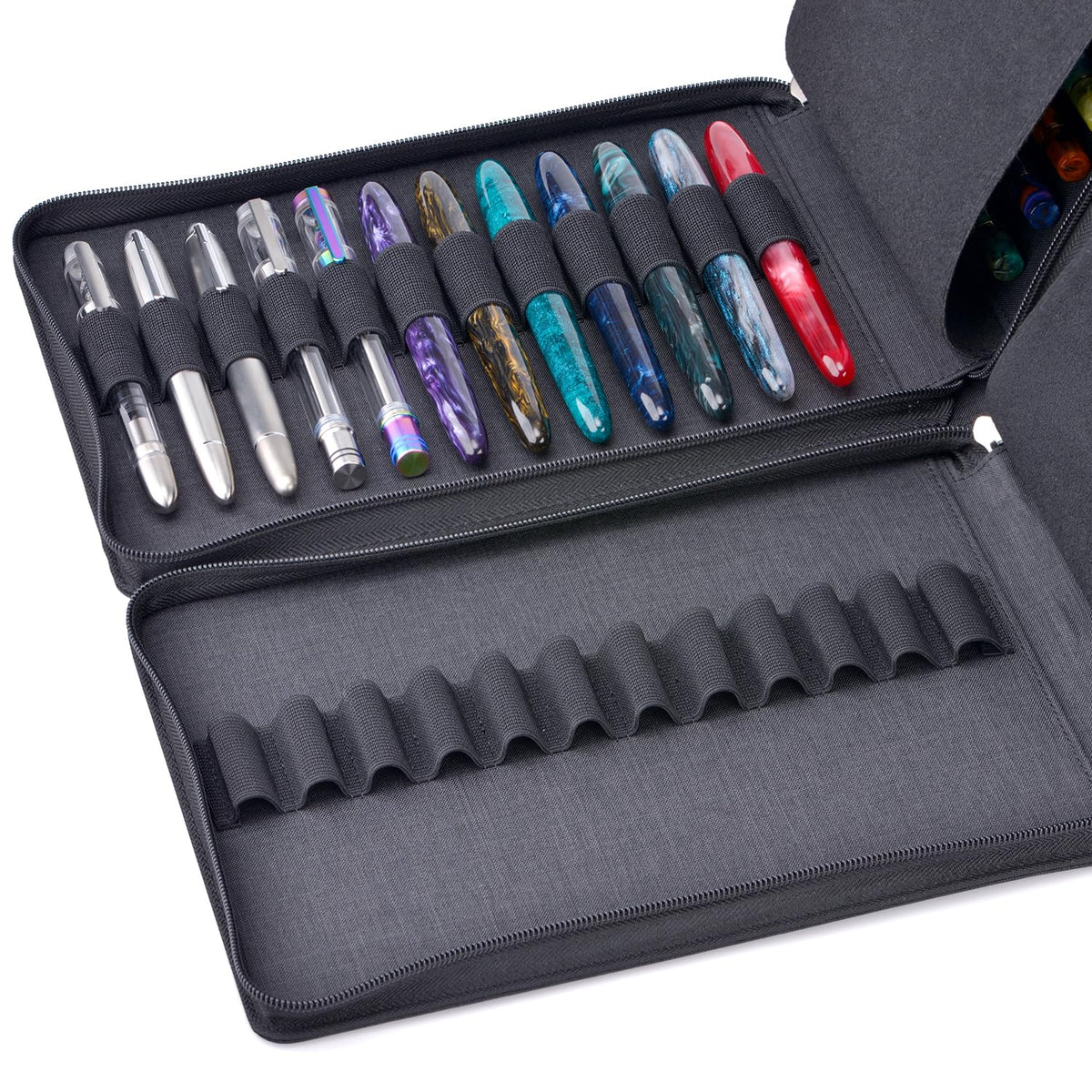 Asvine 24 Fountain Pen Case Black Organizer Bag - Premium Waterproof Canvas Pen Display Holder