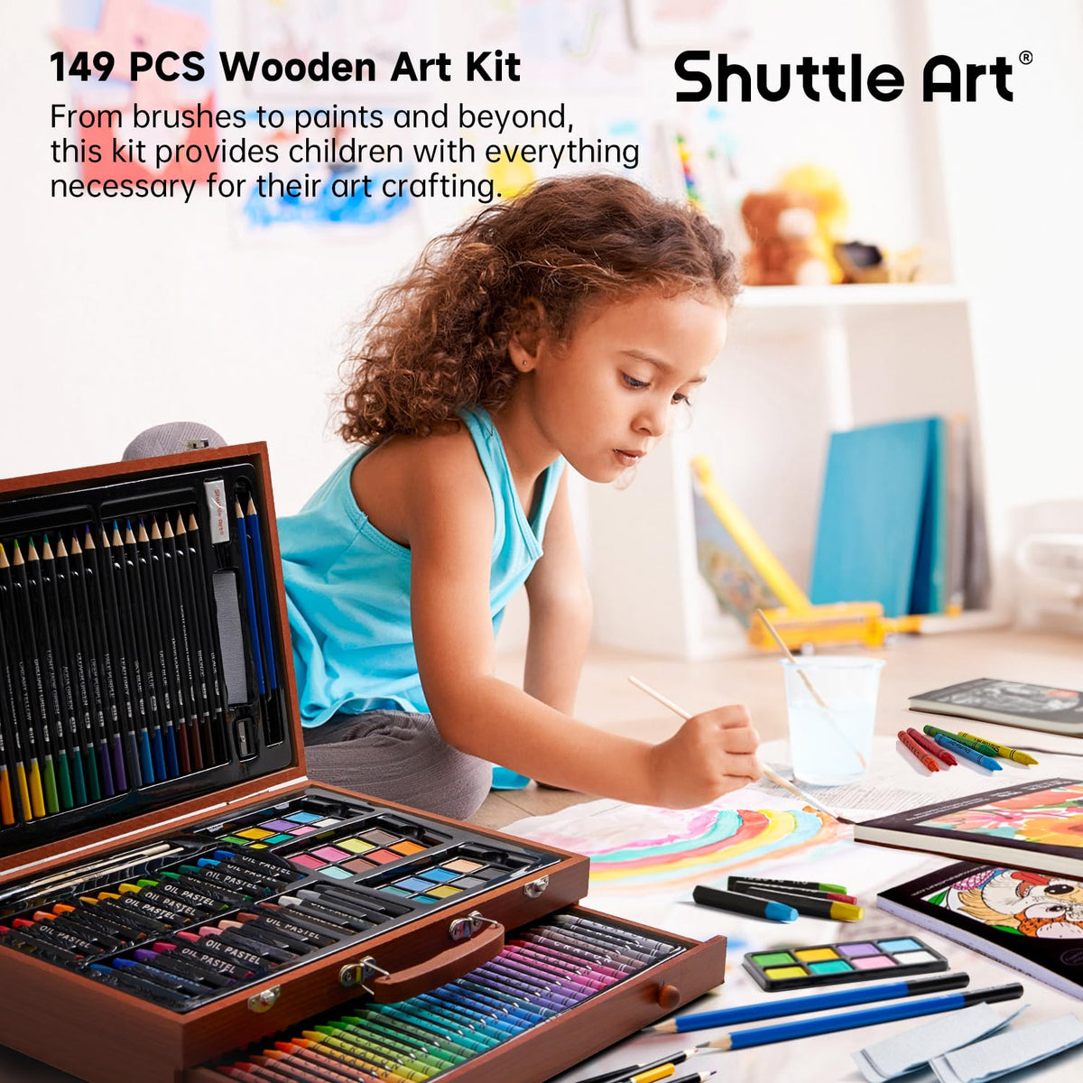 Shuttle Art 149 Piece Deluxe Art Set, Art Supplies in Wooden Case, Painting Drawing Art Kit with