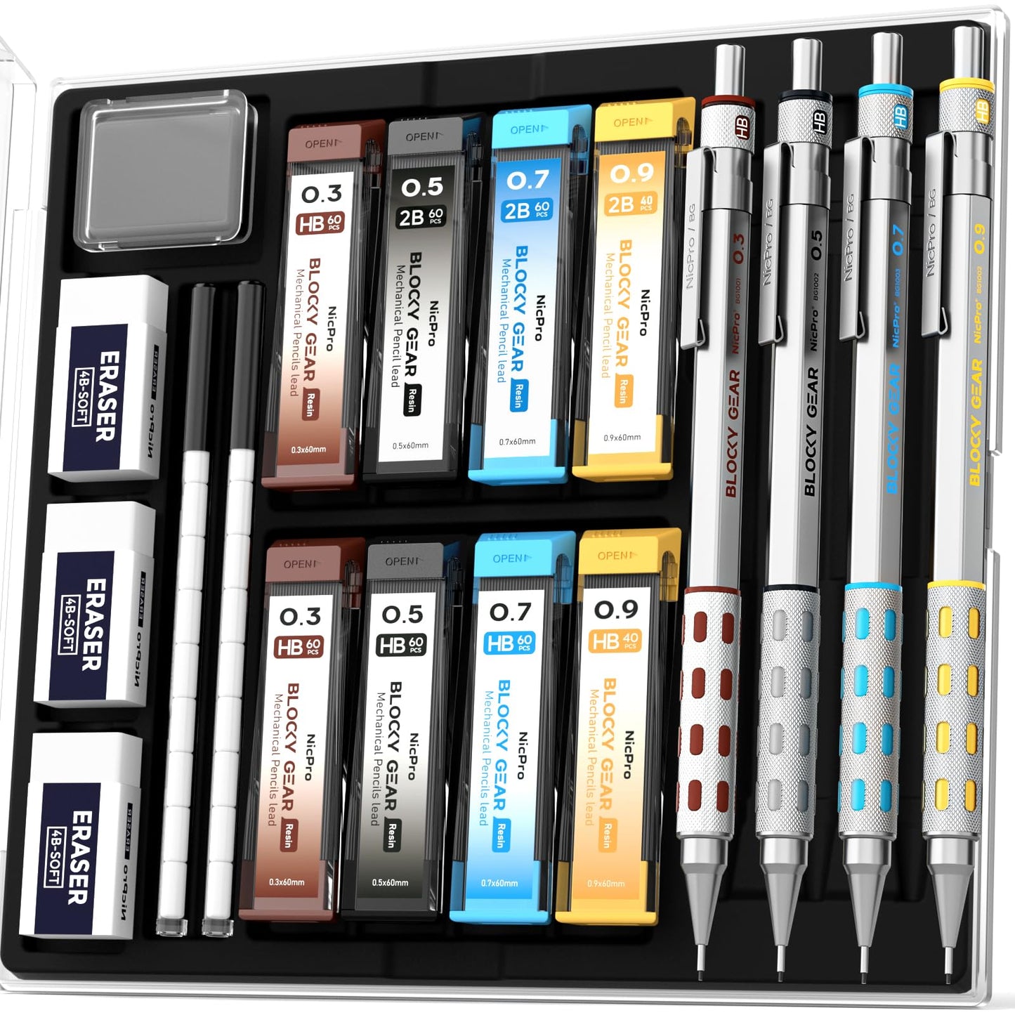 Nicpro 4 Pack Blocky Gear 0.3/0.5/0.7/0.9 mm Metal Mechanical Pencils Set