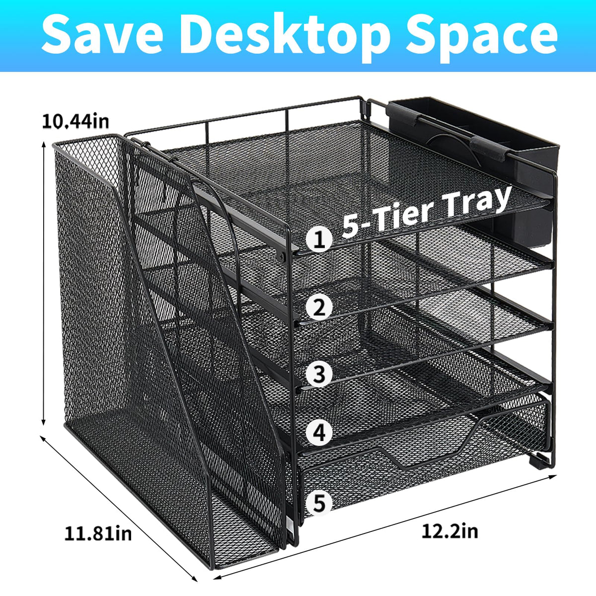 Gugsey 5-Tier Desk File Organizer with Drawer & Pen Holder (Black)