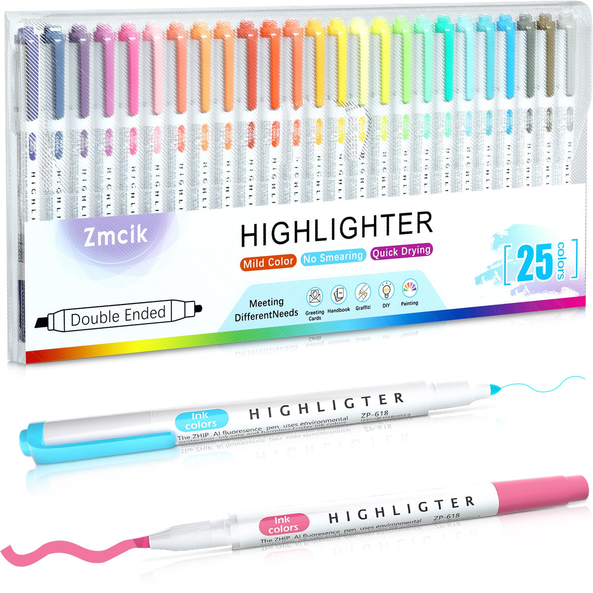 Zmcik Double Ended Highlighters with Soft Chisel Tip, 25-Pack Quick Dry Assorted Colors, Pastel