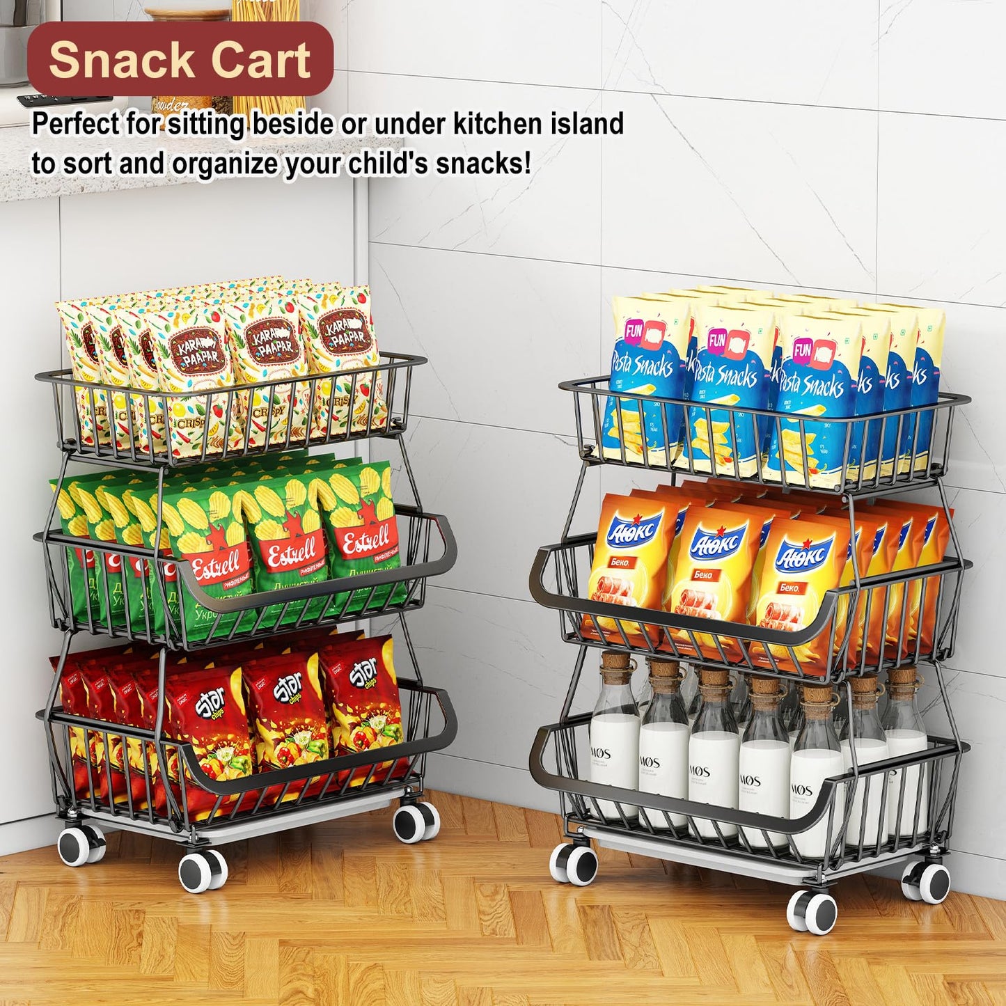Miyawell 3-Tier Rolling Pantry Cart with Wheels, Stackable Wire Storage Floor Organizer for Kitchen