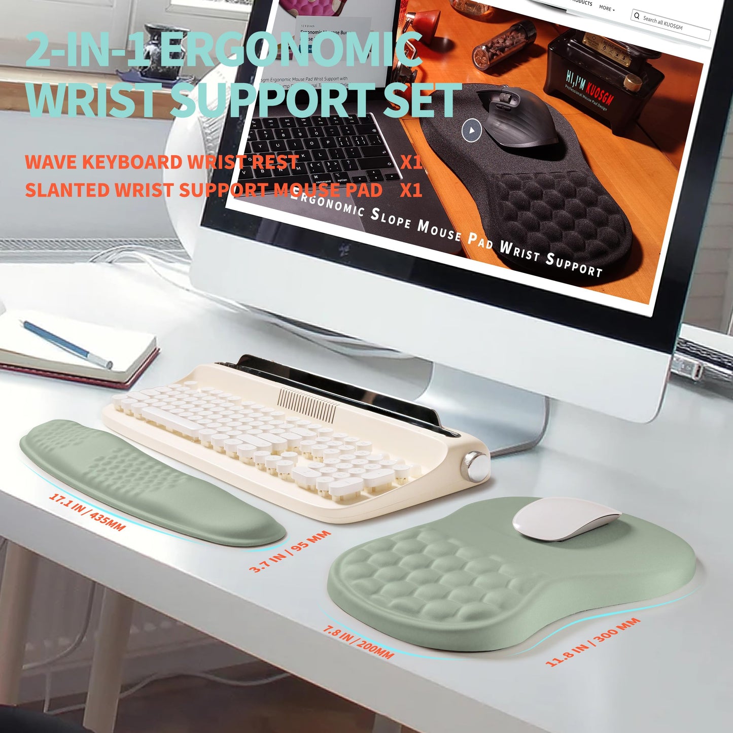 KUOSGM 2-in-1 Ergonomic Set, Wave Rise Keyboard Wrist Rest and Massage Bulge Slope Mouse Pad Wrist