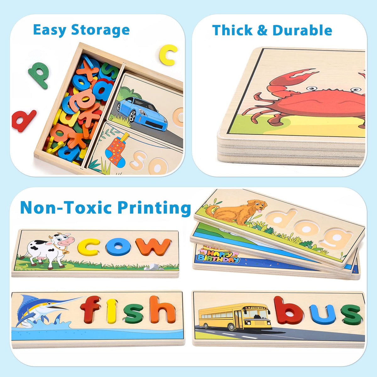 Atoylink Wooden Spell Learning Toys for 2 3 4 5 Year Old Kids Match Letter Spelling Game Board &