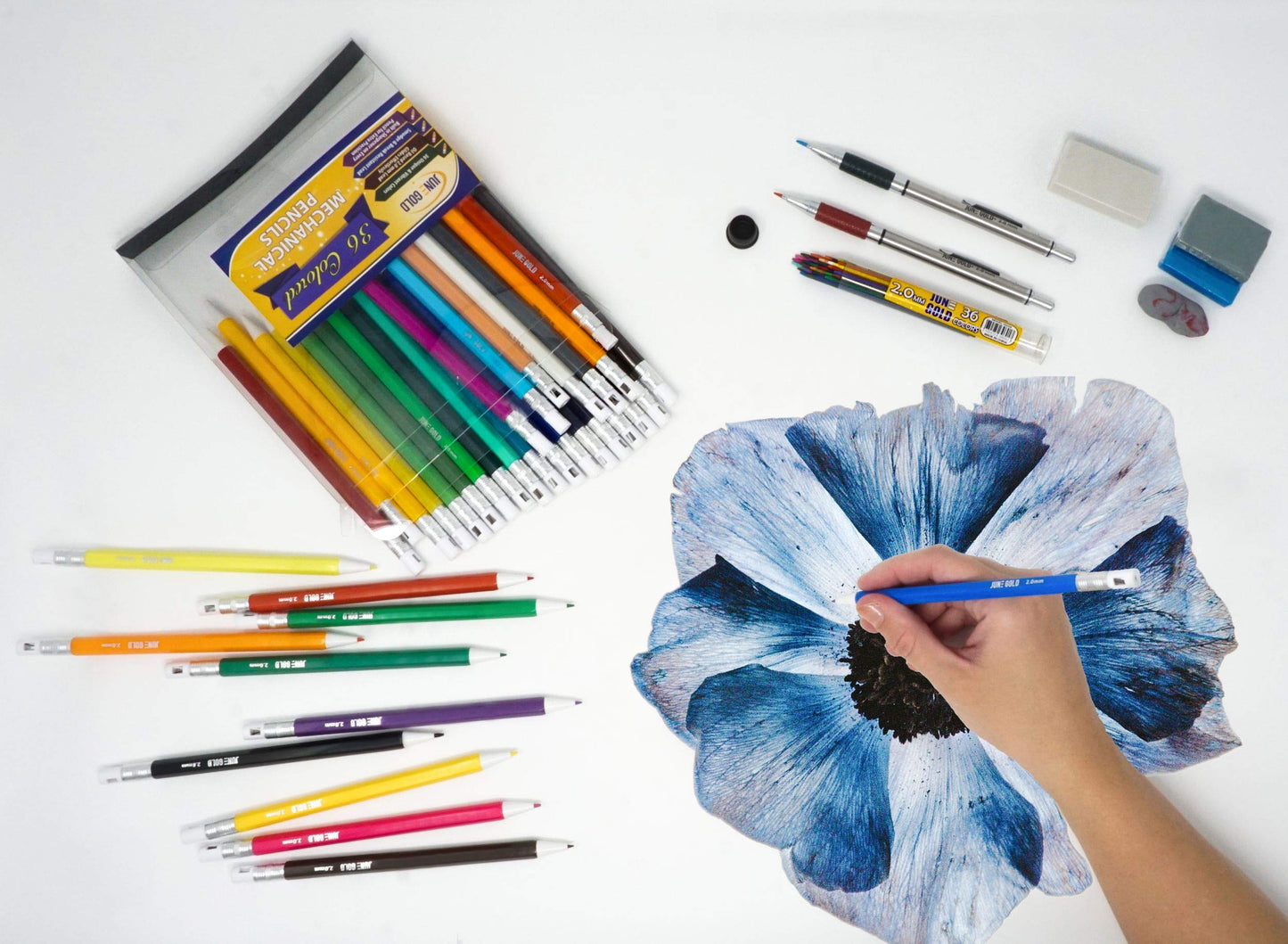June Gold 36 Colored 2.0 mm Mechanical Pencils/w 36 Refills & 2 Sharpeners