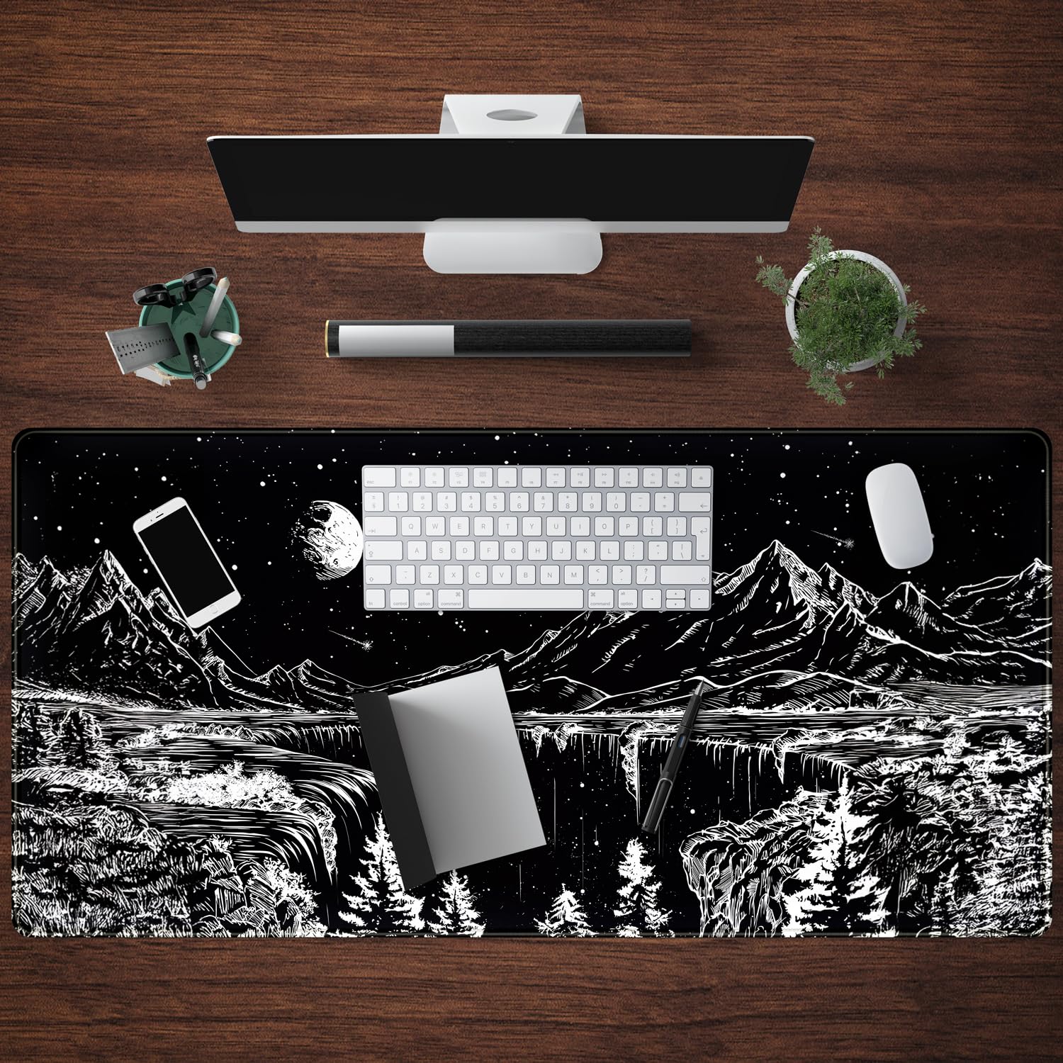 Black and White Desk Mat Dark Nature Forest Mouse pad XXL Starry Night Mountain Desk pad Aesthetic