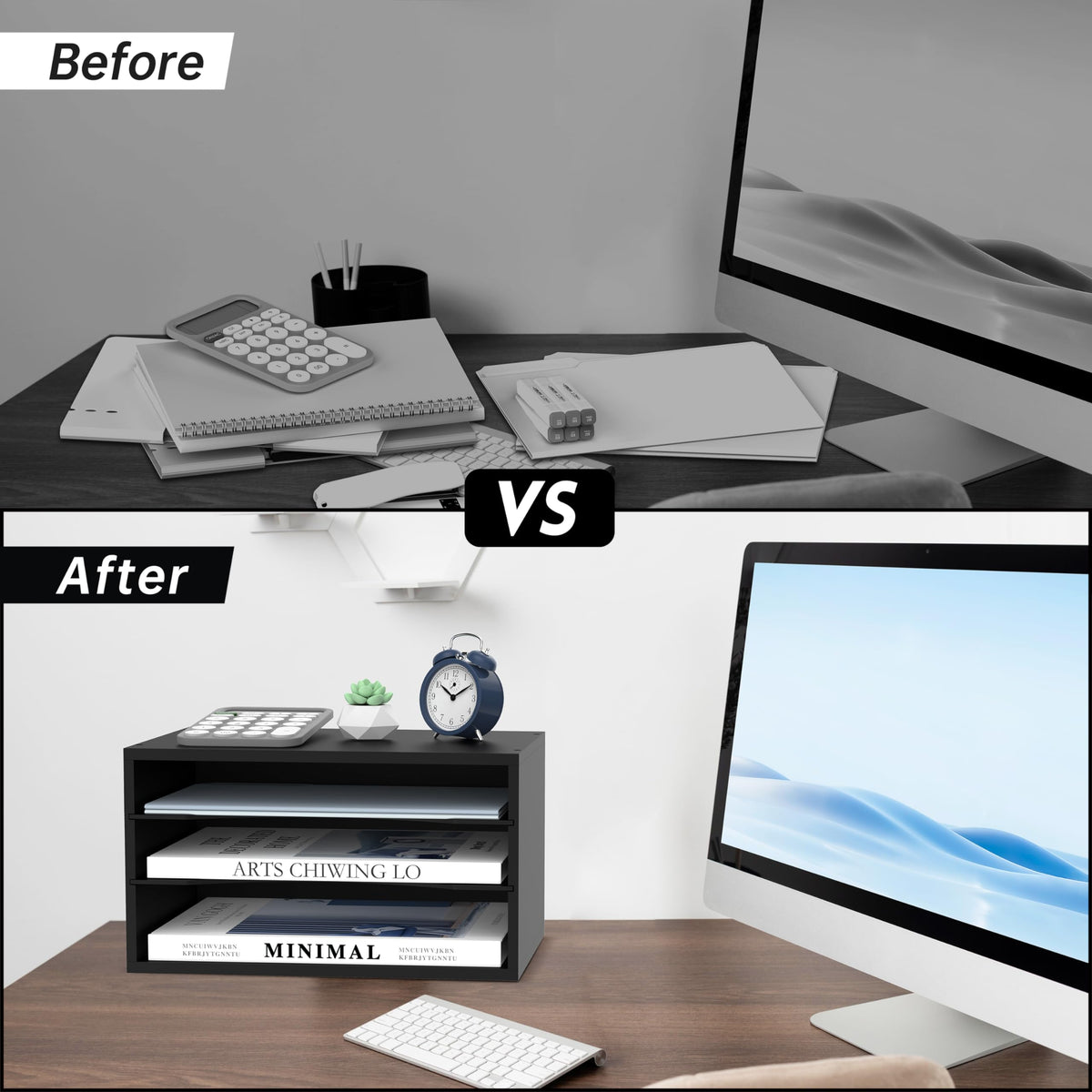 3 Tier Wood Desk Organizer, Mail Sorter and Paper Organizer for Desk, Black