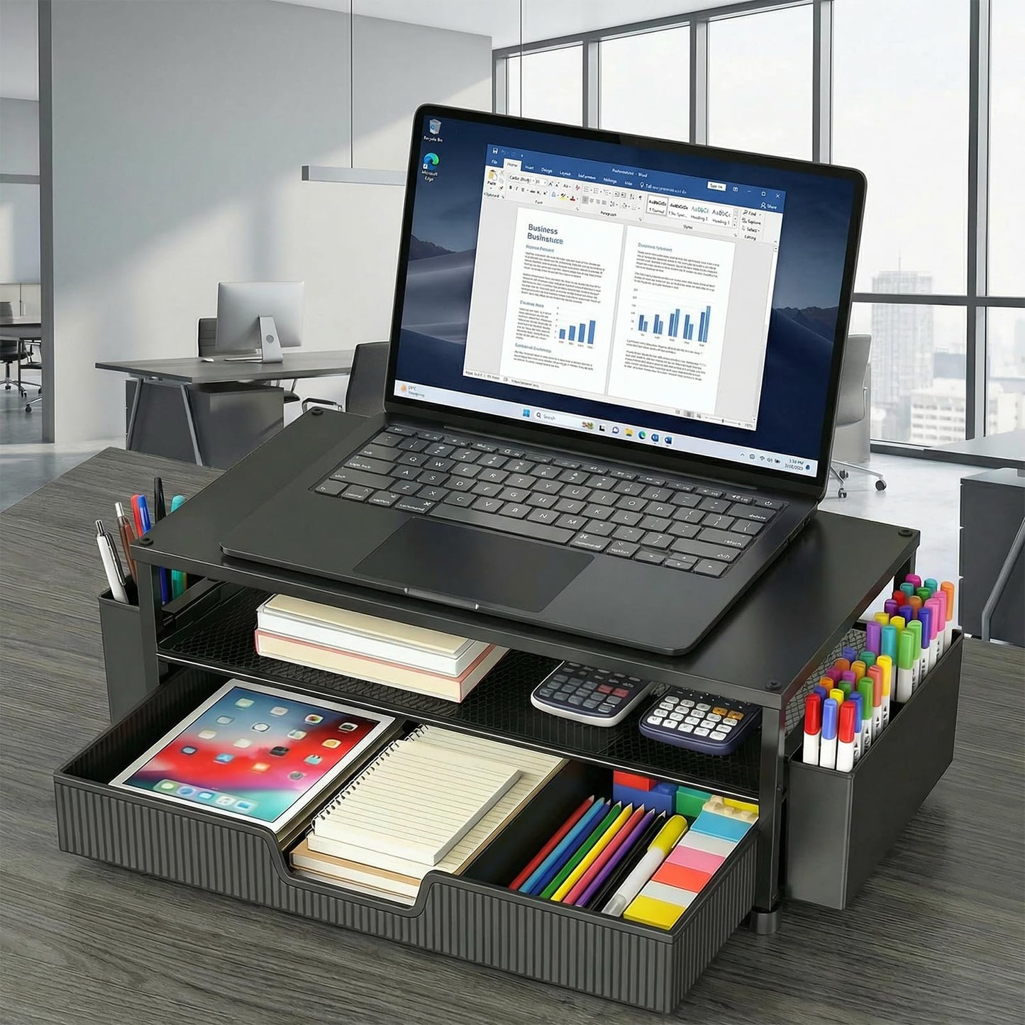 ECOLOVI Desk Organizer and Accessories, 2-Tier Computer Monitor Stand Rise with Storage Drawer & 2