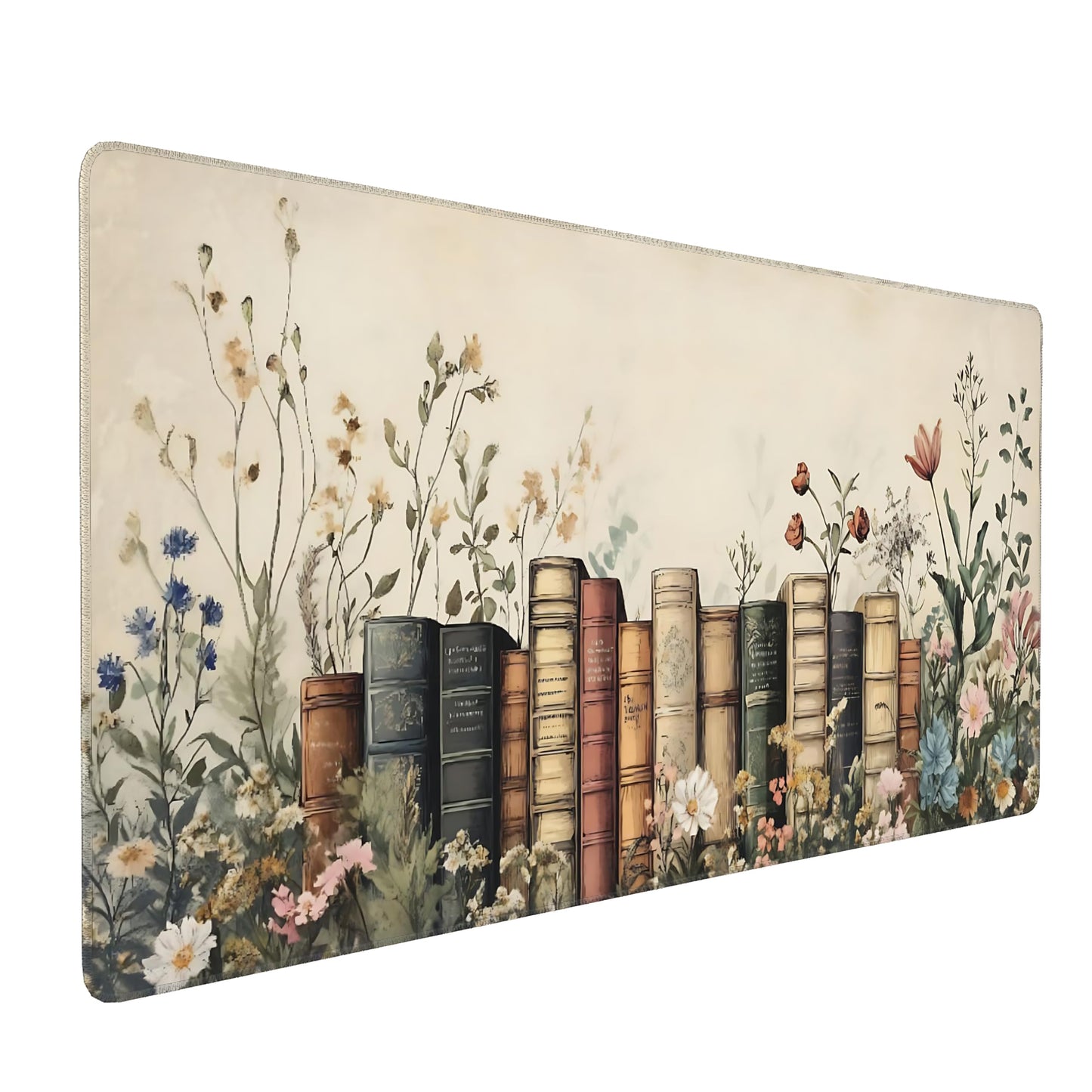 Floral Aesthetic Book Gaming Mouse Pad, Beige Vintage Botanical Desk Mat with Anti-Slip Base &