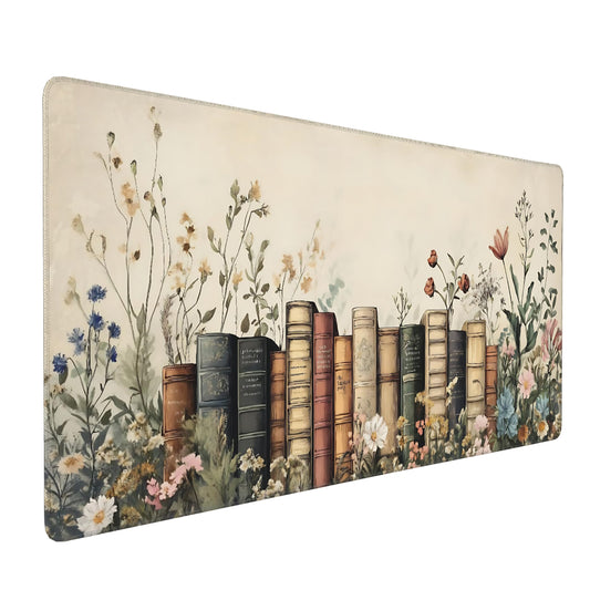 Floral Aesthetic Book Gaming Mouse Pad, Beige Vintage Botanical Desk Mat with Anti-Slip Base &
