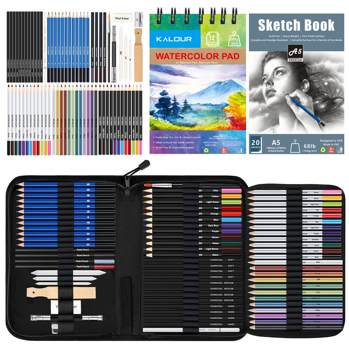 KALOUR 76 Drawing Sketching Kit Set - Pro Art Supplies with Sketchbook & Watercolor Paper - Include