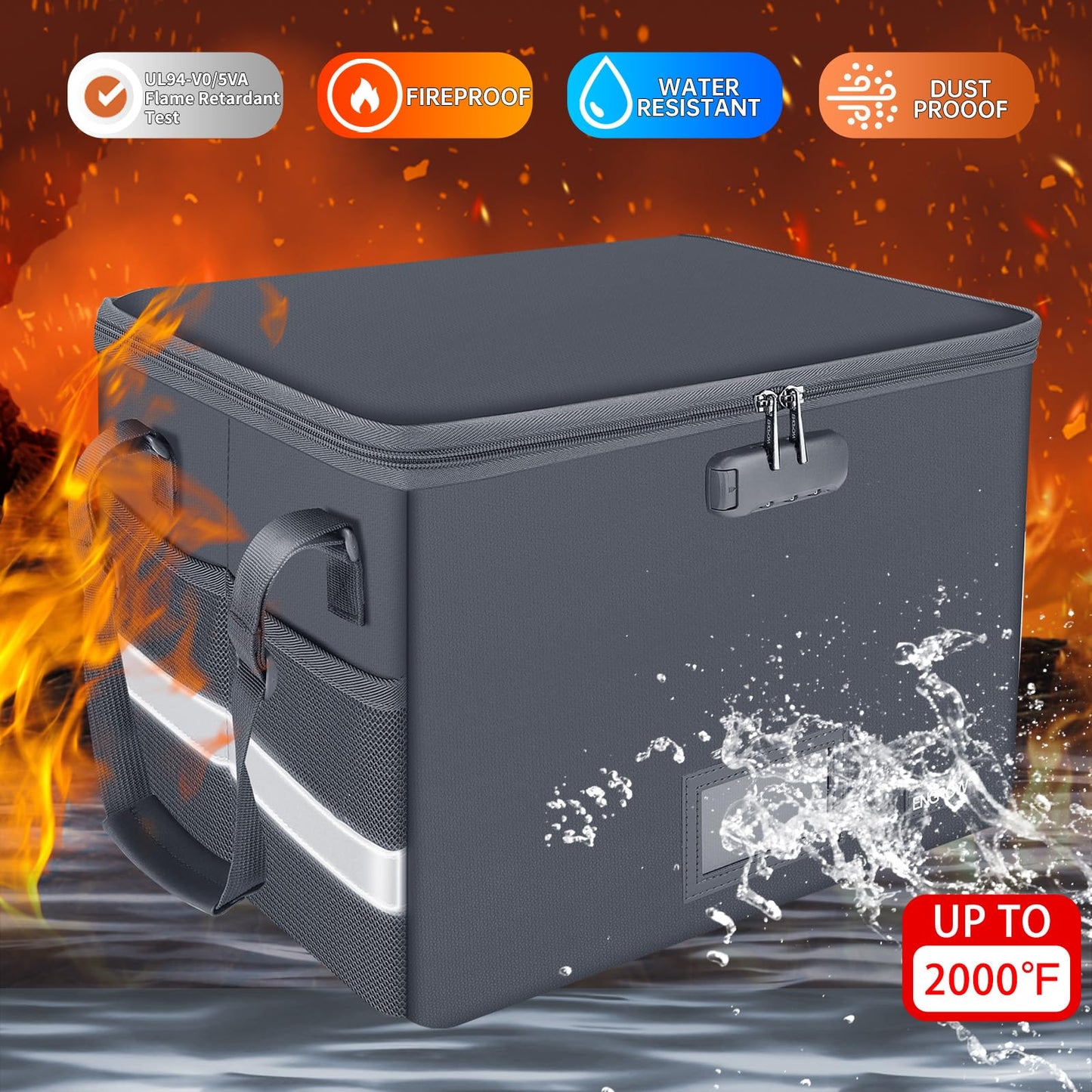 ENGPOW File Box with Lock, Fireproof Document Box with Pockets, Collapsible File Organizer Filing