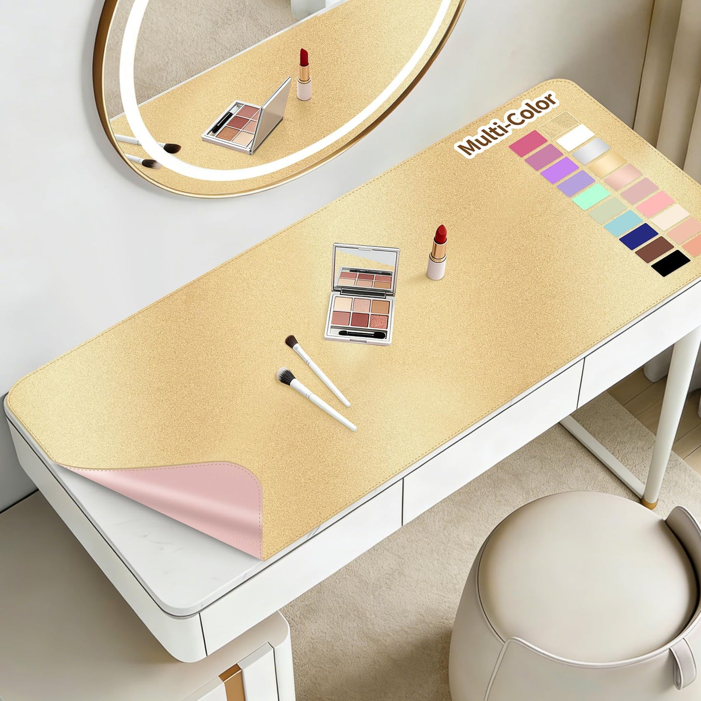 Makeup Mat for Vanity to Protect Desk Top, 35.4x15.7in, Gold and Pink