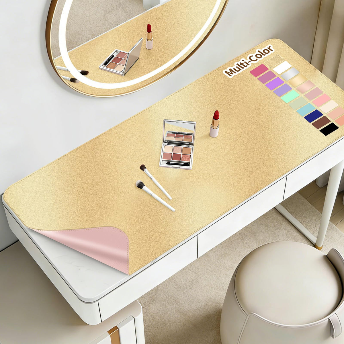 Makeup Mat for Vanity to Protect Desk Top, 35.4x15.7in, Gold and Pink