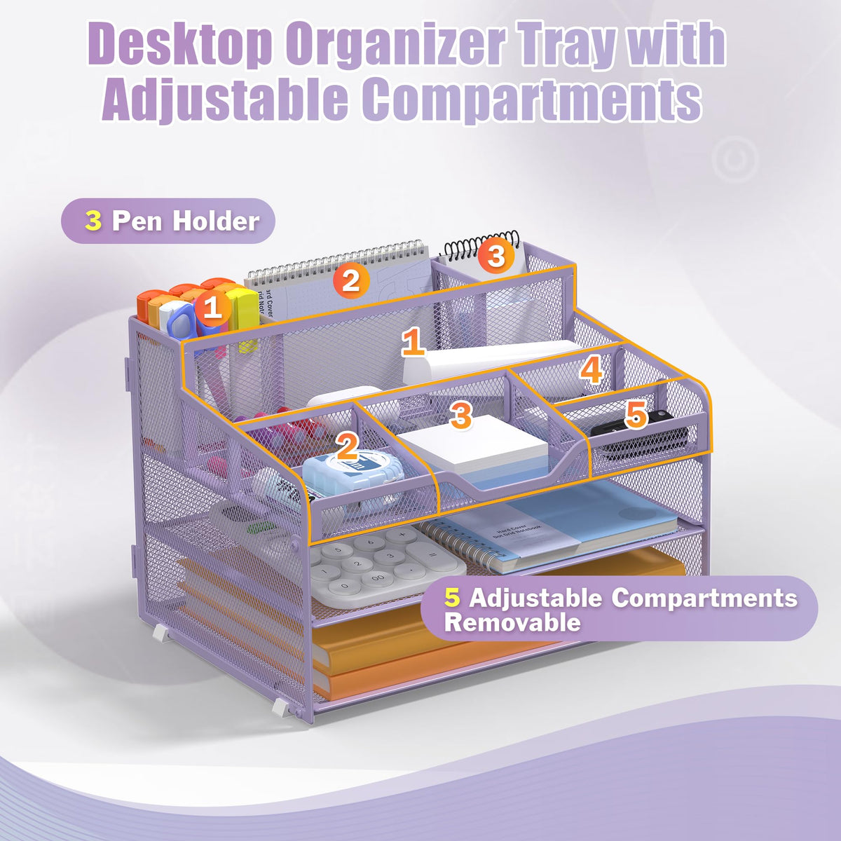 Docnest 3 Tier Mesh Desk Organizer with Letter Tray & Paper Sorter, Purple