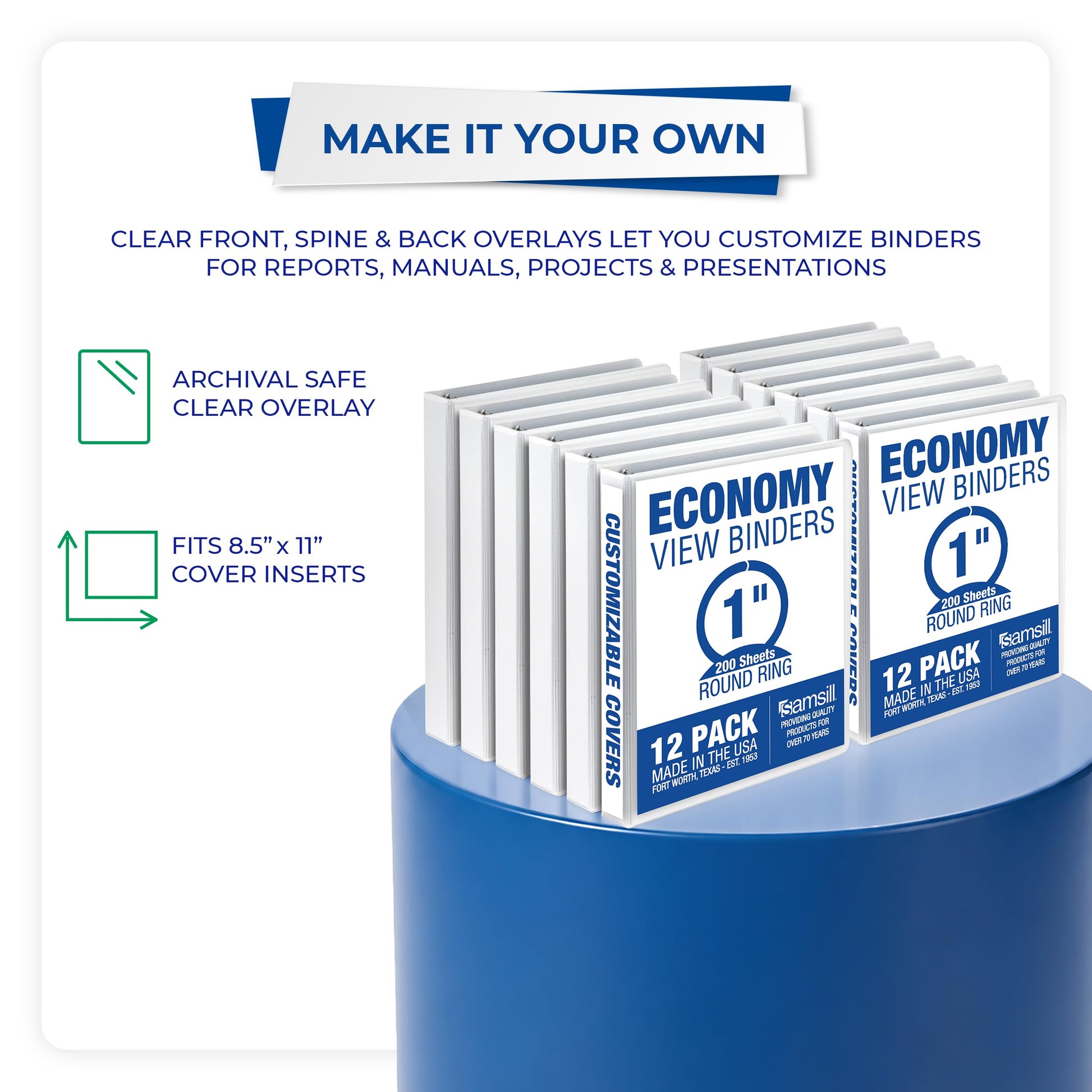 Samsill 1 Inch 3 Ring Binders, Economy Round Ring, Clear View Cover, 200 Sheet Capacity - for