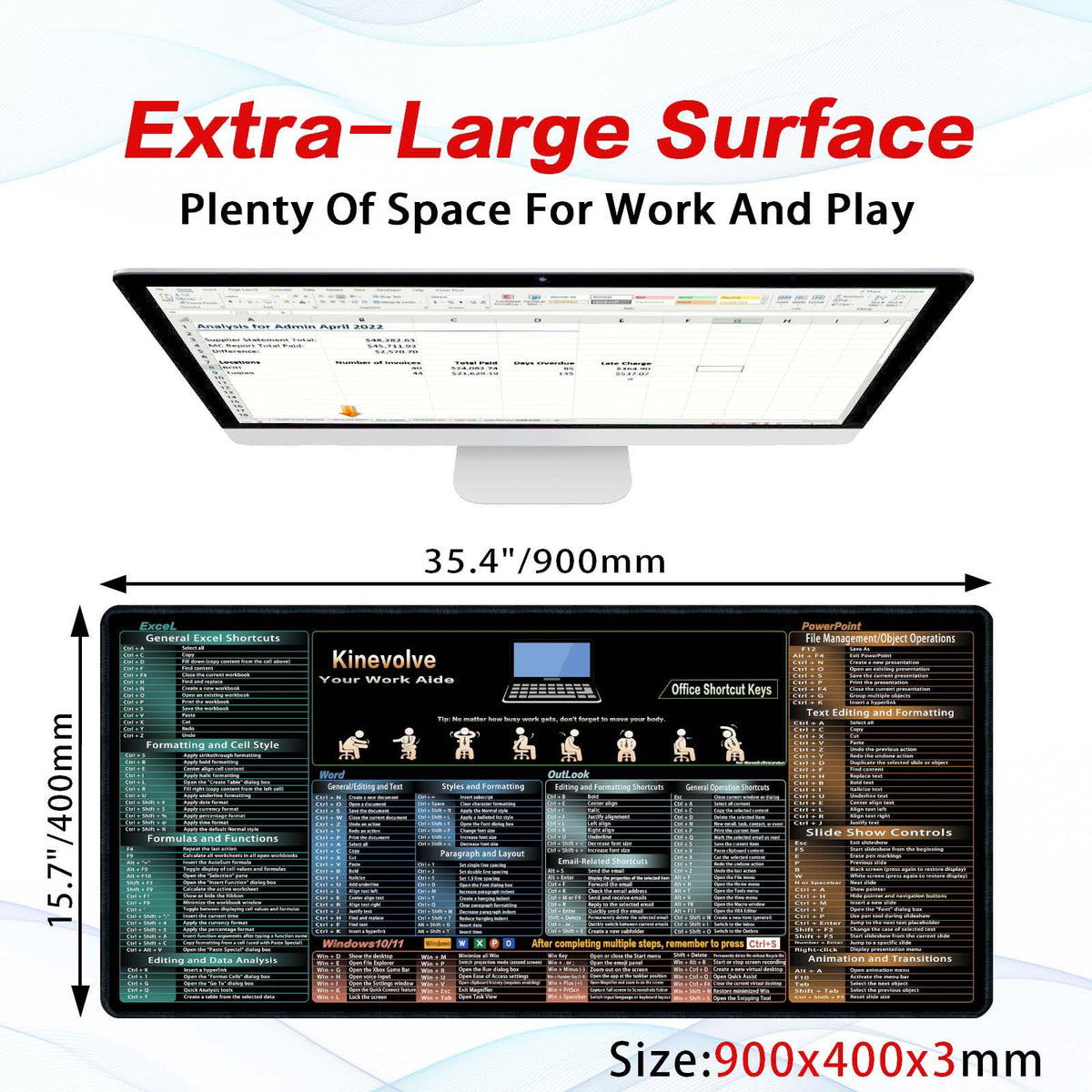Kinevolve Mouse Pad for Excel/Word/Outlook/PowerPoint Cheat Sheet, Extended Large XL Office