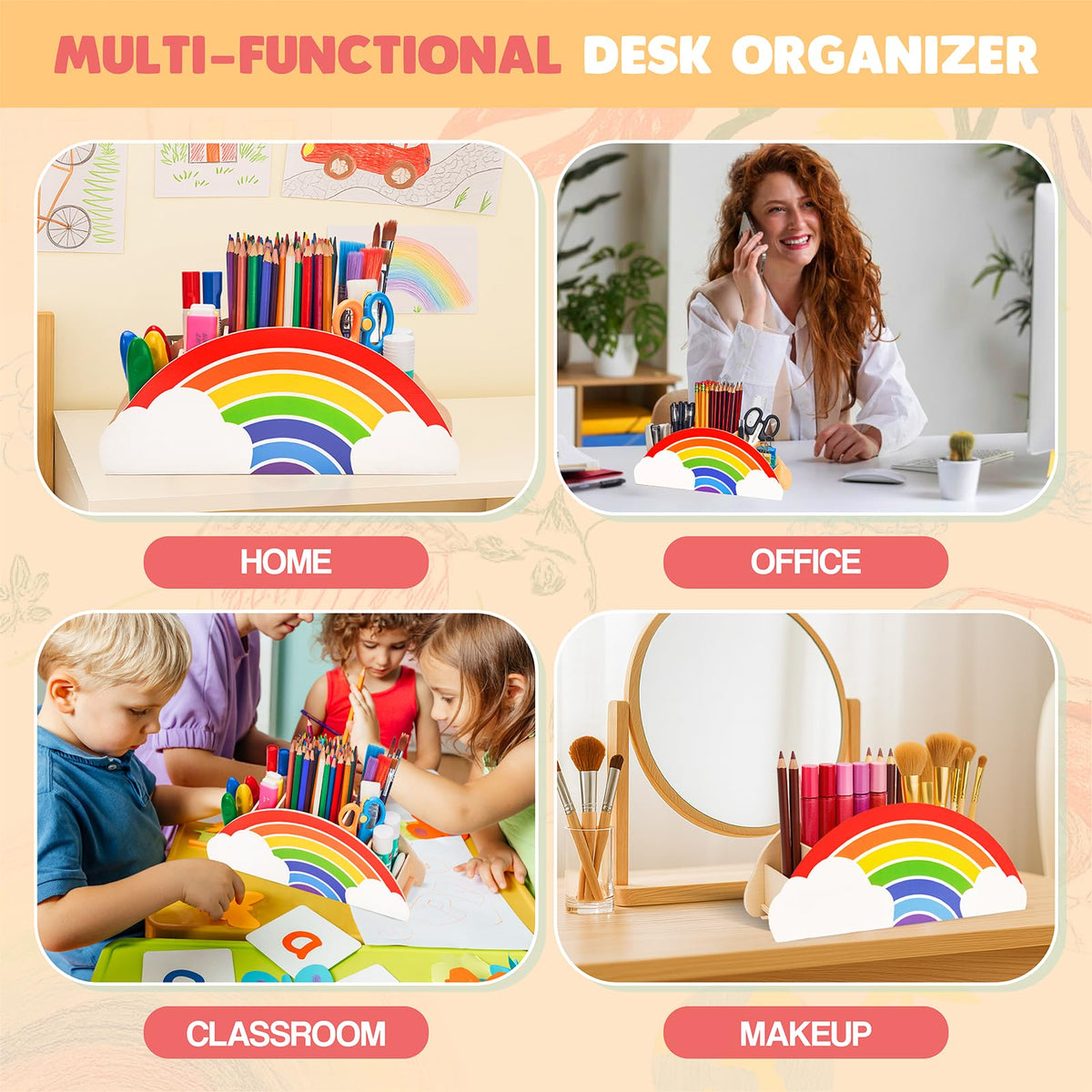 GAMENOTE Rainbow Wooden Desk Organizer Natural Wood No Smell Childfriendly Cute Pen Pencil Holder