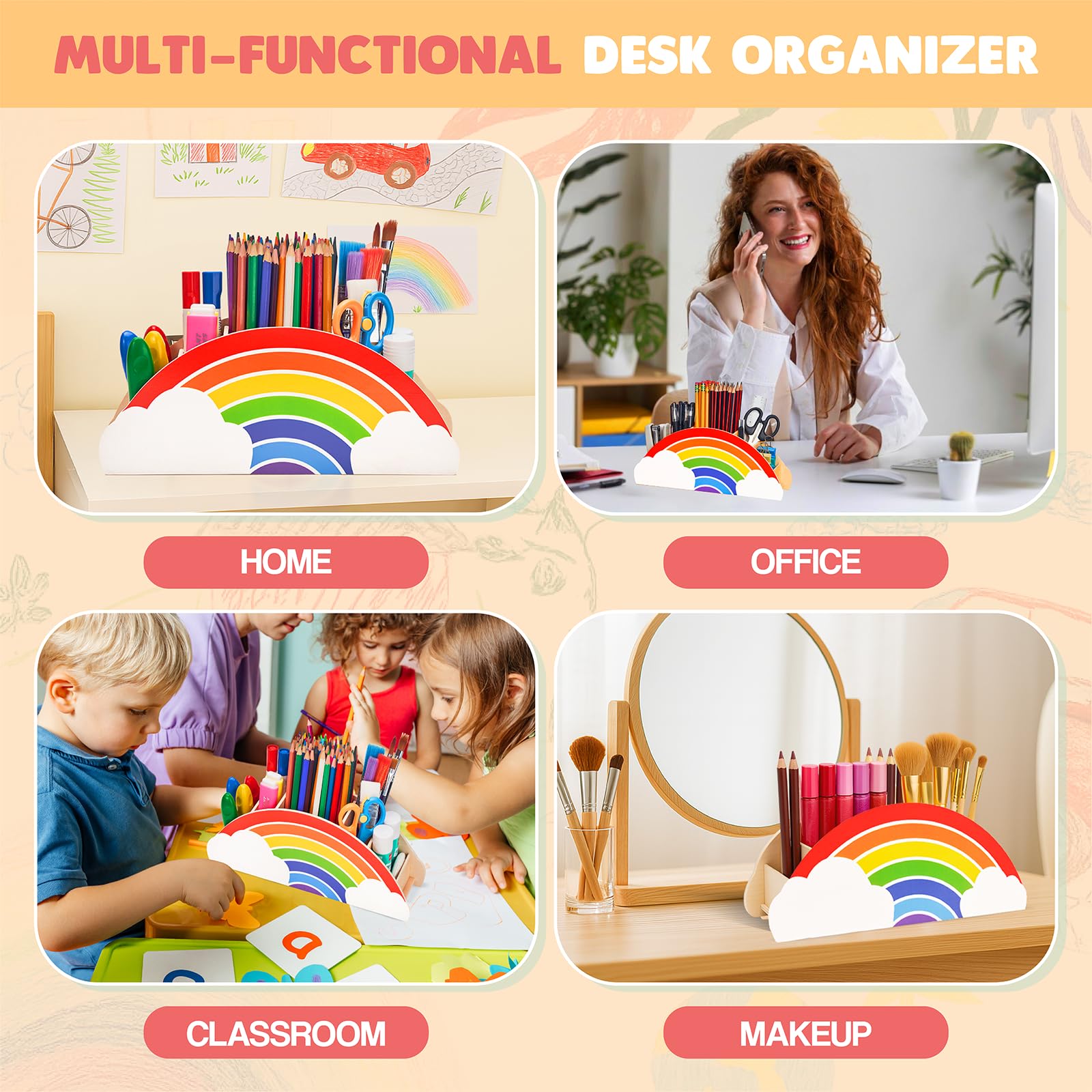 GAMENOTE Rainbow Wooden Desk Organizer Natural Wood No Smell Childfriendly Cute Pen Pencil Holder