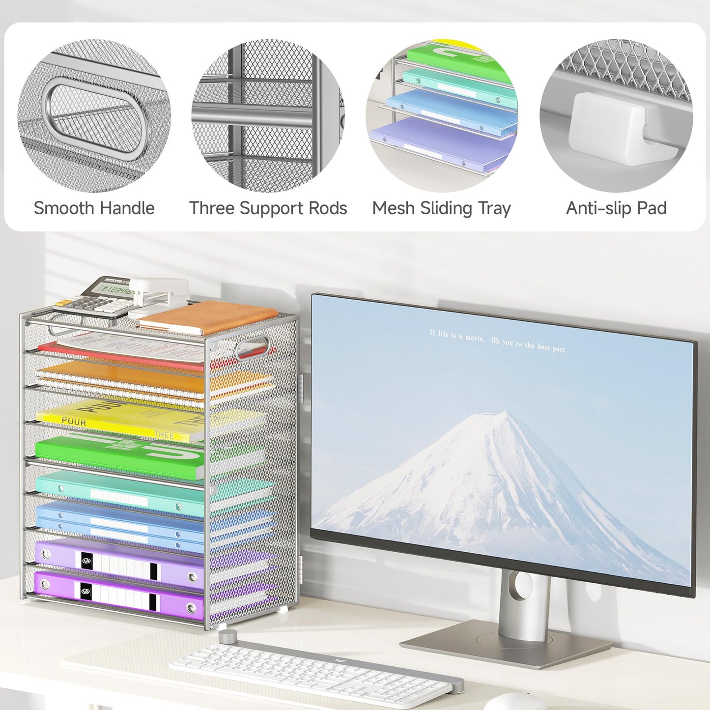 Cawukege 9 Tier Paper Organizer with Handle, Large Capacity Desk Organizer Mesh File Folder Letter